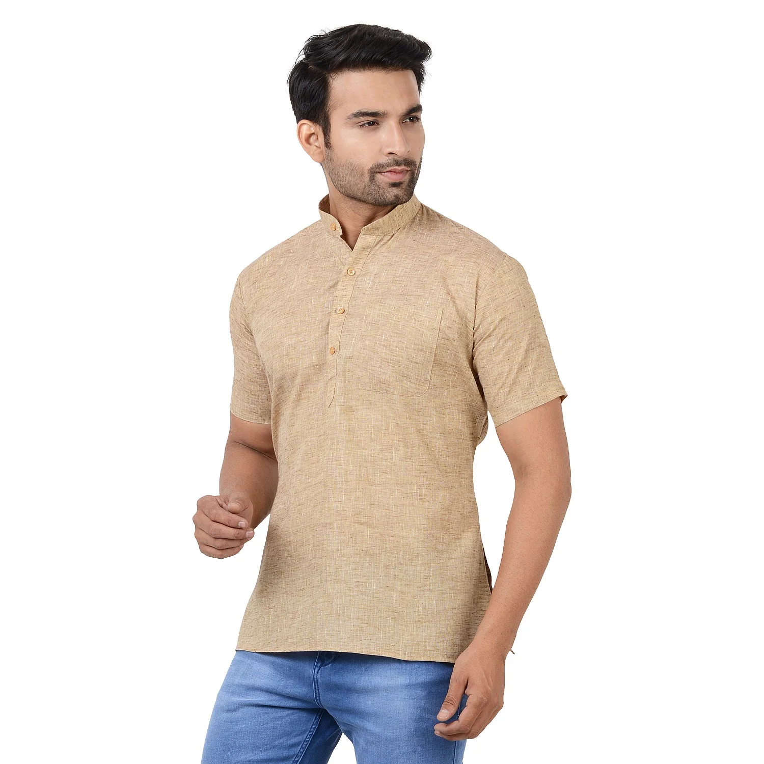 Handloom Cotton Short Kurta in Khaki - Image 2