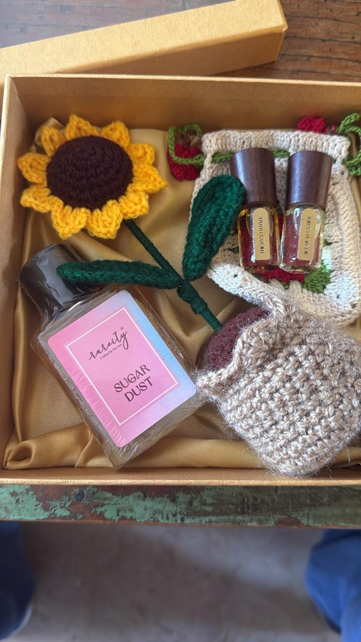 Handmade Gift Box with Sugar Dust, Oud Gulab, Karachi Beta, Crochet Flower & Crochet Pouch