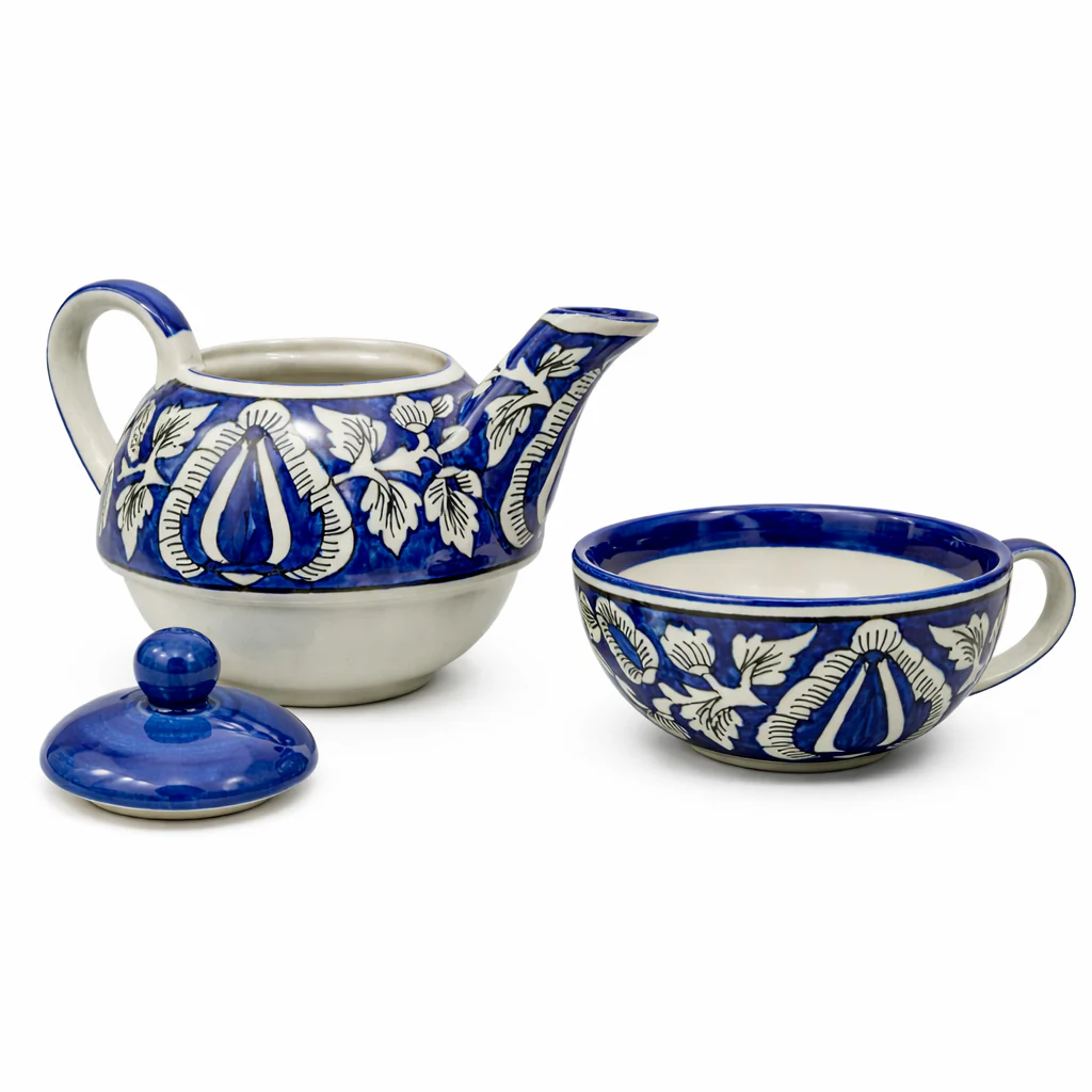 Handpainted Blue Pottery One kettle cup set | Set of 1 - Image 4