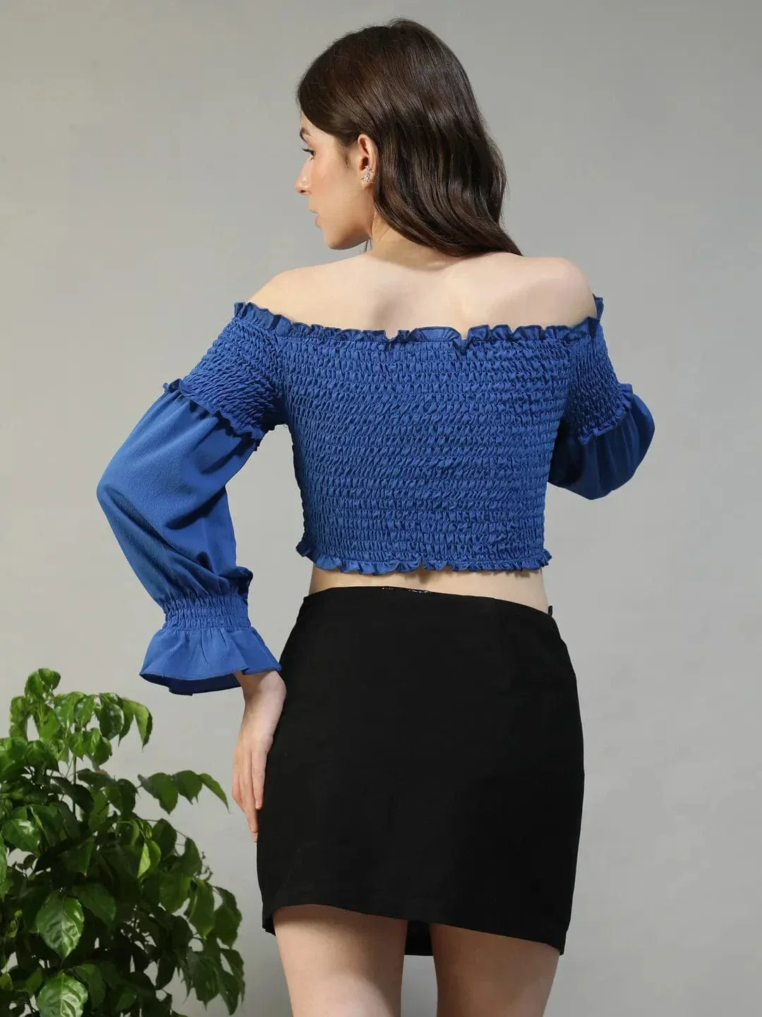 Haze Solid Blue Off-Shoulder Long Sleeve Smocked Women Crop Top - Image 5