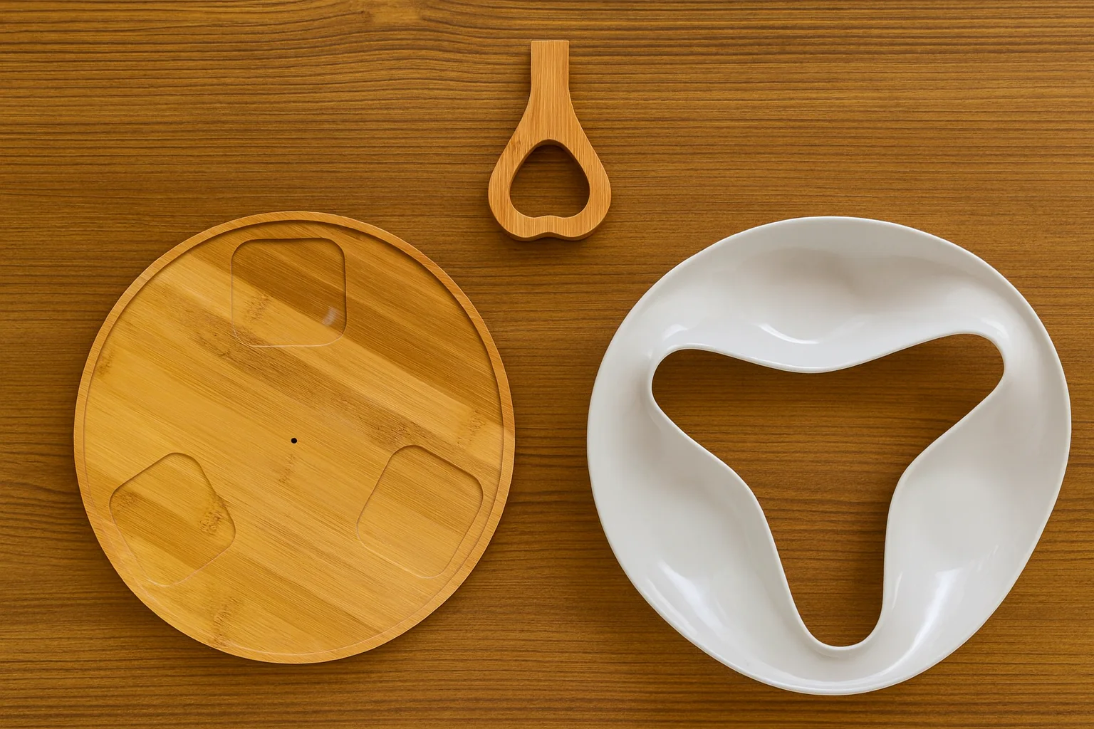 Heart Handle Ceramic Serving Bowl Set with Wooden Stand – 3-Compartment White Snack & Dry Fruit Server - Image 2