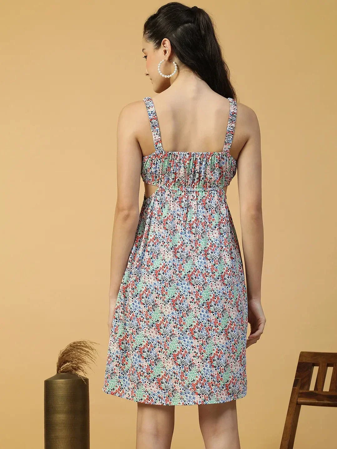 Heaven Blue Floral Print Elasticated Sleeveless Cut Out Women Dress - Image 5