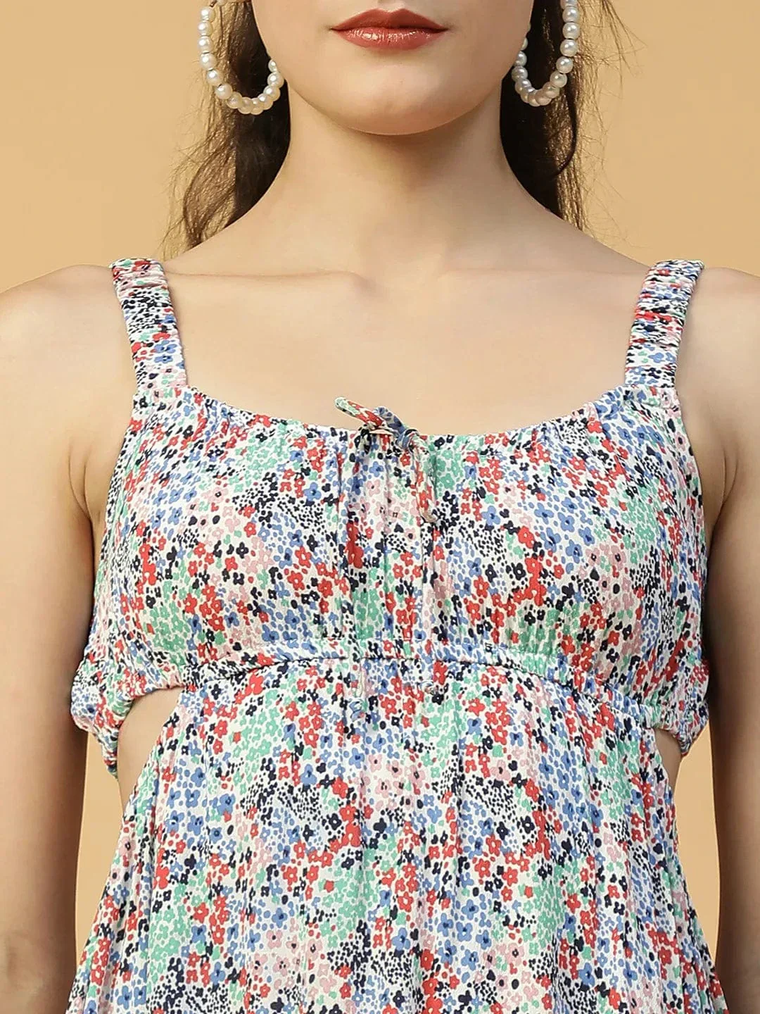 Heaven Blue Floral Print Elasticated Sleeveless Cut Out Women Dress - Image 6