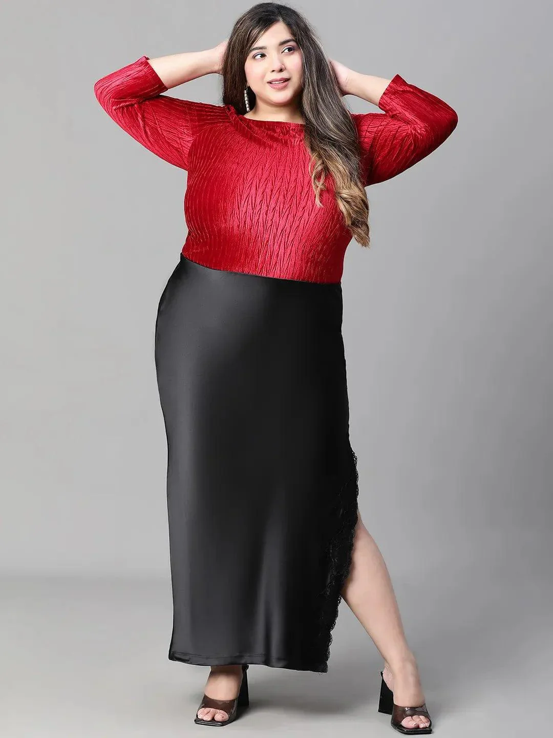 Heavy Black Elasticated With Slit Cut Plus Size Women Satin Skirt - Image 2