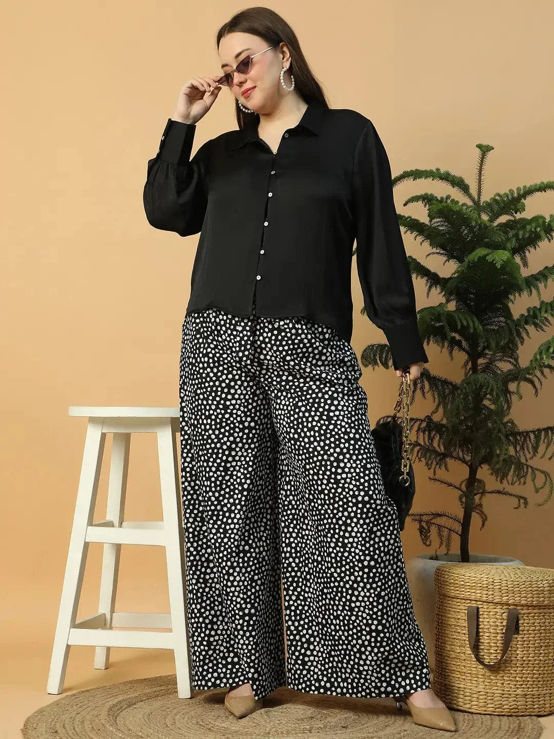 Here Black Elasticated With Tie-Up Waist Belt Polka Dot Print Straight Plus Size Women Cotton Pant - Image 8