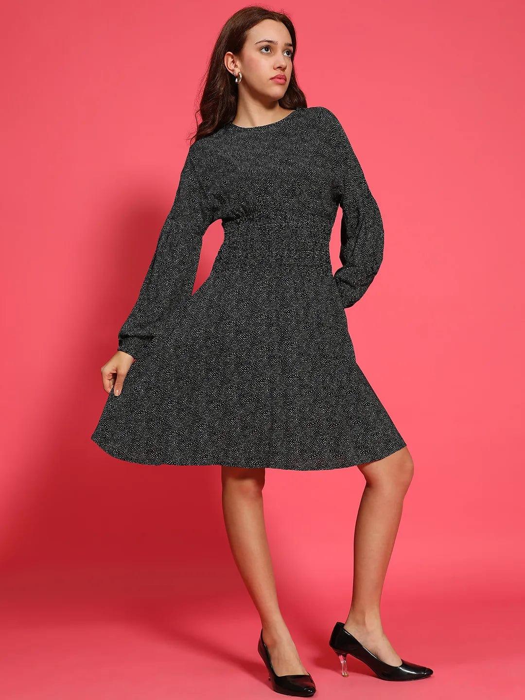 Hey Black Floral Print Round Neck Long Sleeve Smocked Knee Length Women Dress - Image 2