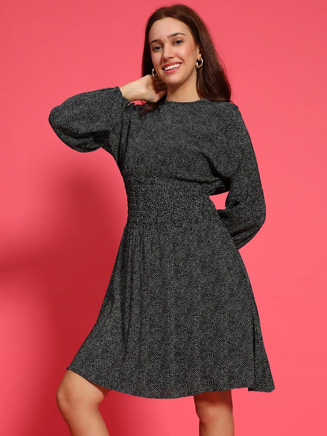 Hey Black Floral Print Round Neck Long Sleeve Smocked Knee Length Women Dress - Image 3