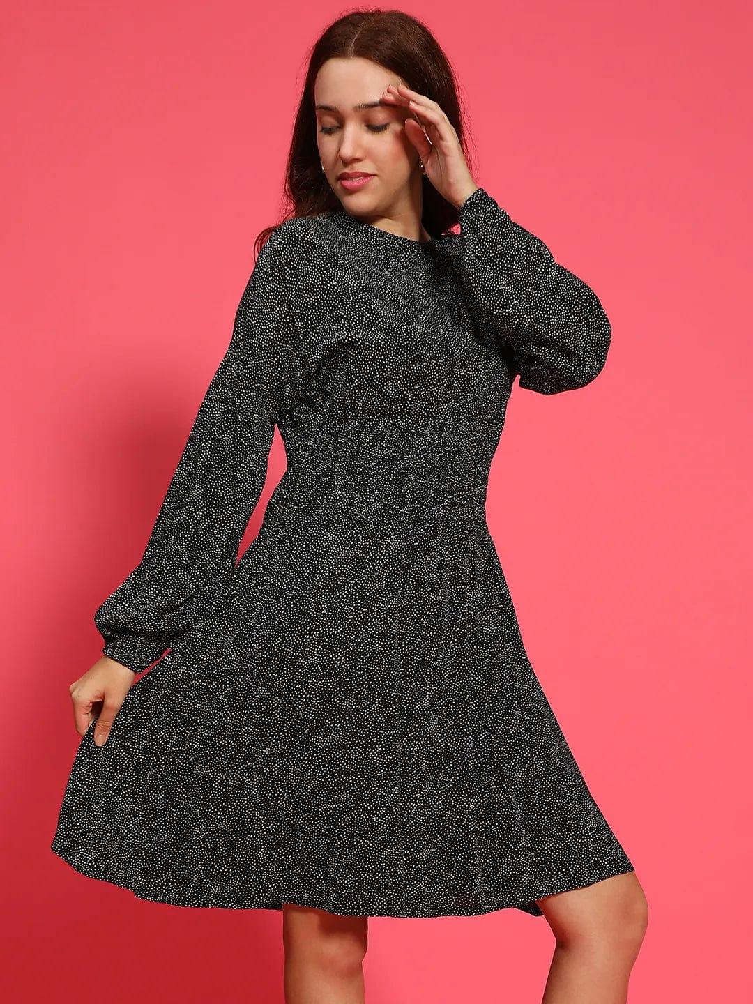 Hey Black Floral Print Round Neck Long Sleeve Smocked Knee Length Women Dress - Image 4