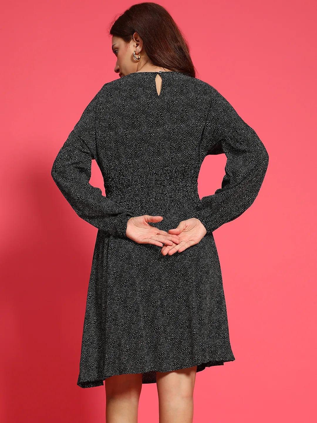 Hey Black Floral Print Round Neck Long Sleeve Smocked Knee Length Women Dress - Image 5