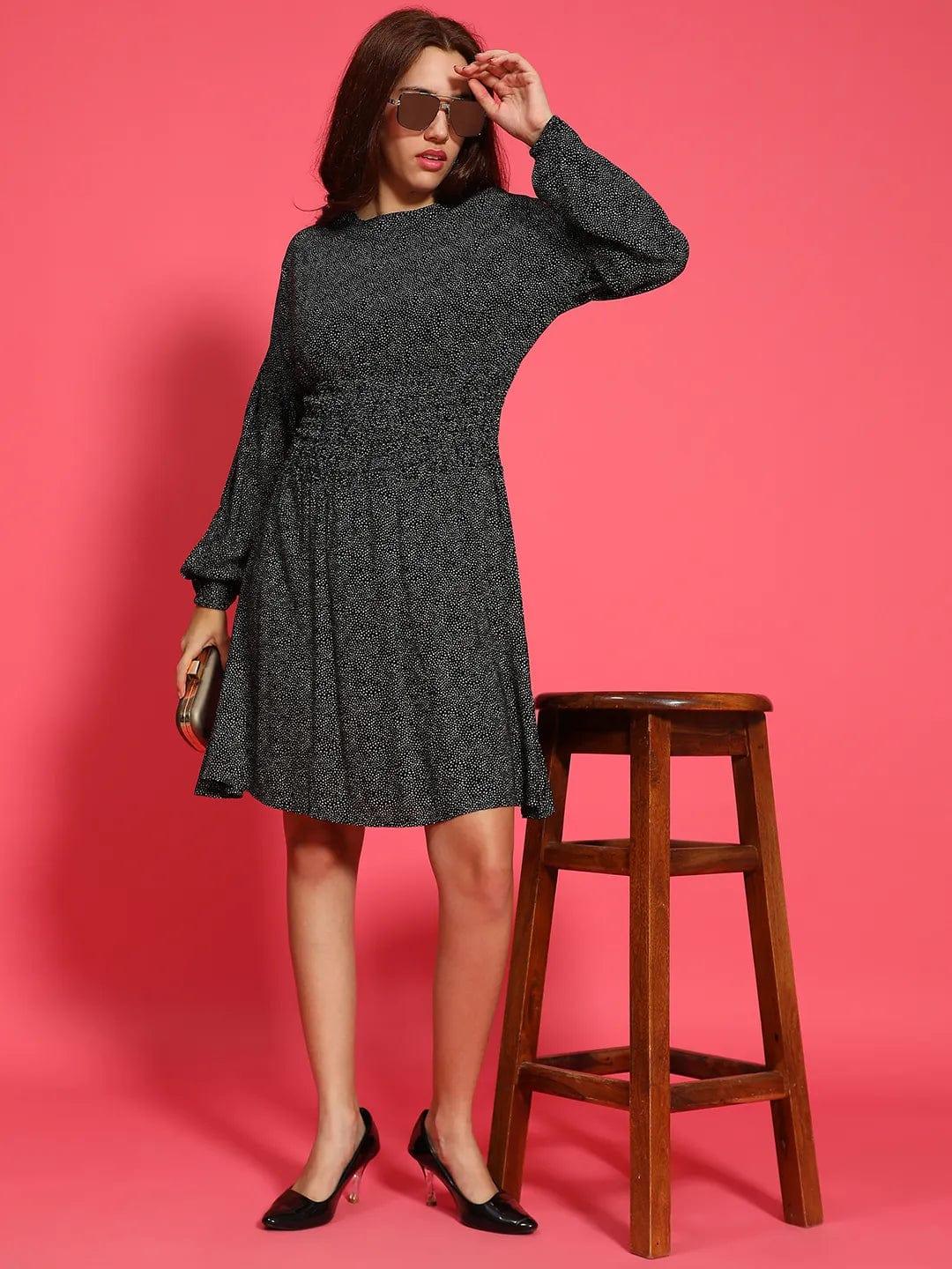 Hey Black Floral Print Round Neck Long Sleeve Smocked Knee Length Women Dress - Image 7