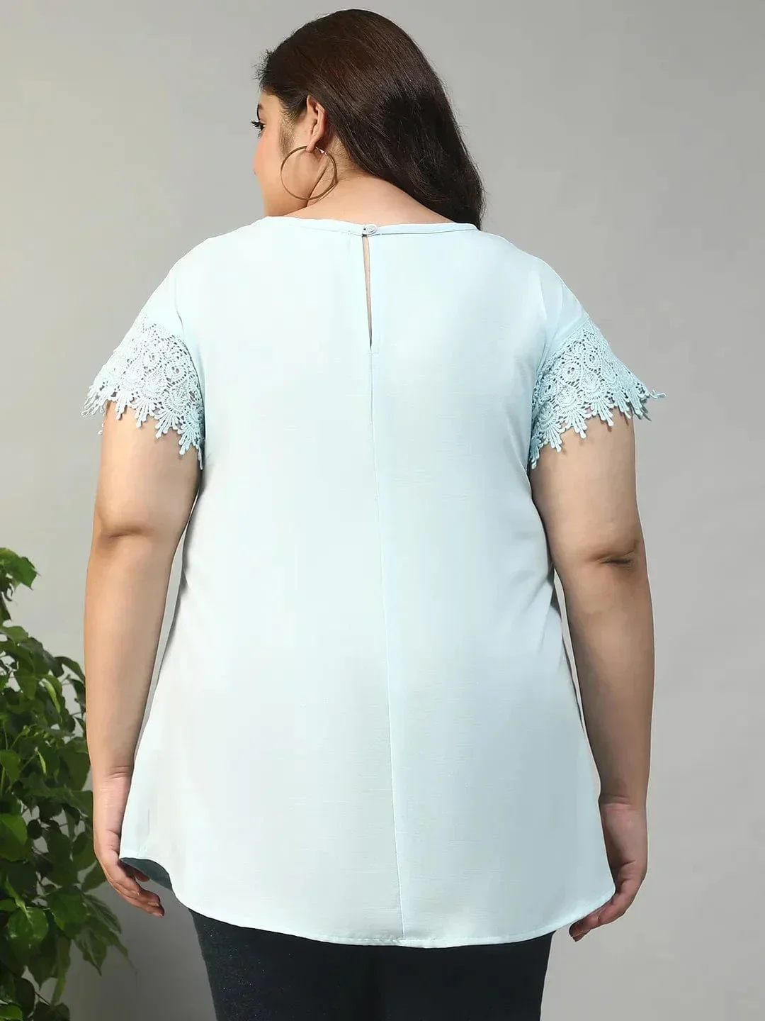 Hey Blue Key Hole Neck Short Lace Detail Sleeve Plus Size Women Top - Image 5