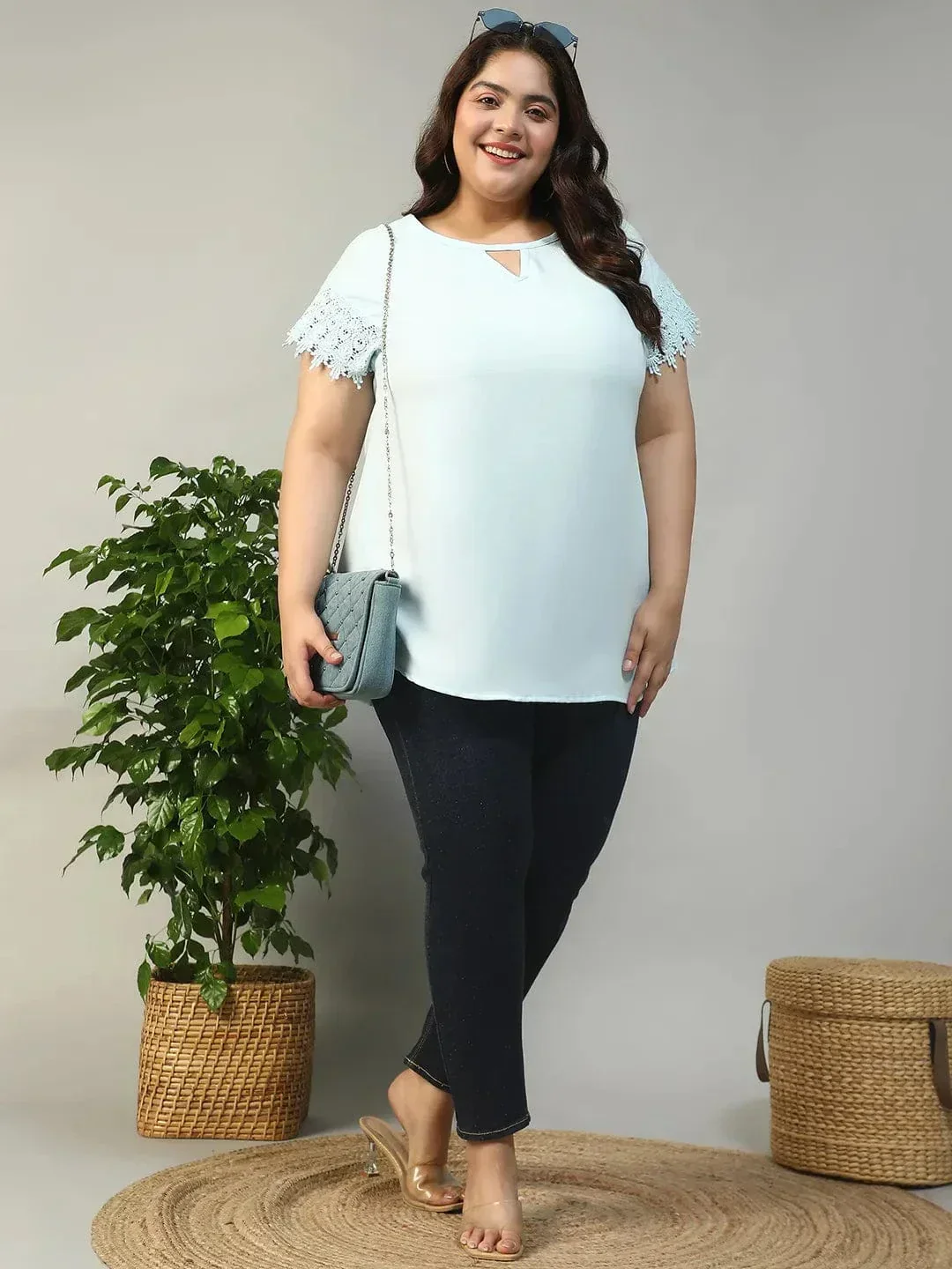 Hey Blue Key Hole Neck Short Lace Detail Sleeve Plus Size Women Top - Image 8