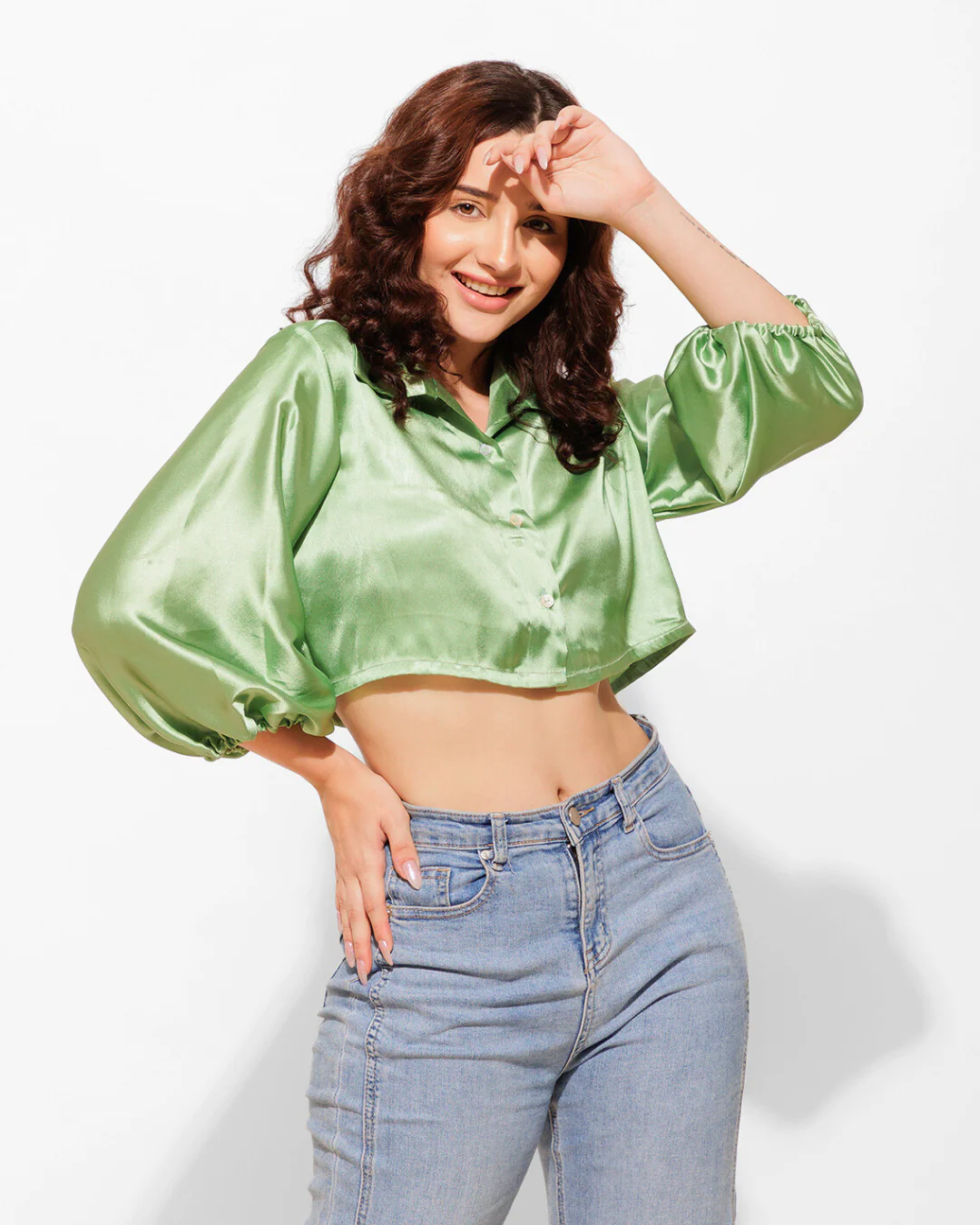 High-Shine Satin Cropped Shirt for Women - Image 17