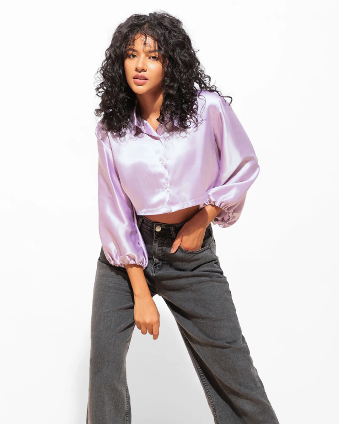 High-Shine Satin Cropped Shirt for Women - Image 3