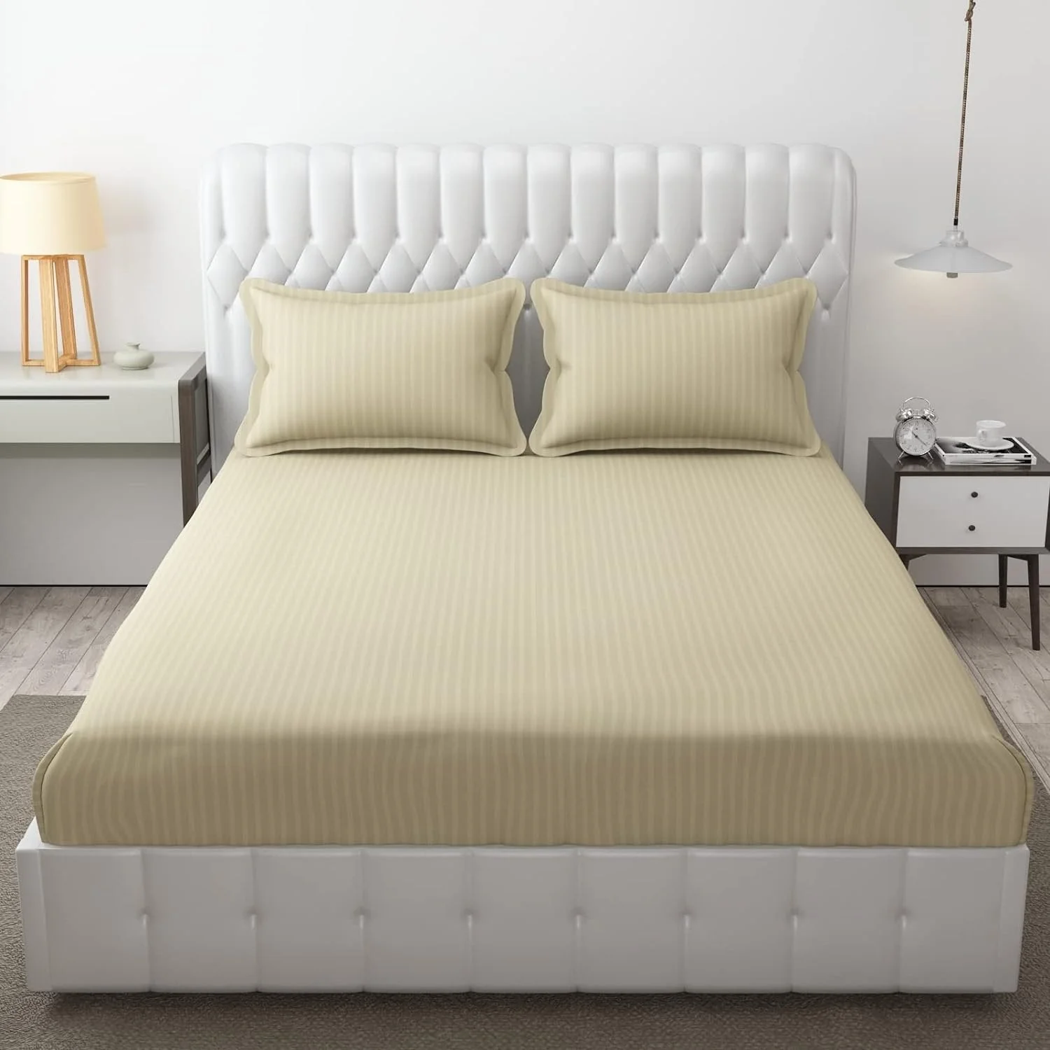Homecrown Cotton Double Bedsheet with 2 Pillow Covers- Satin Stripe- 90x100 Inch- Beige - Image 2