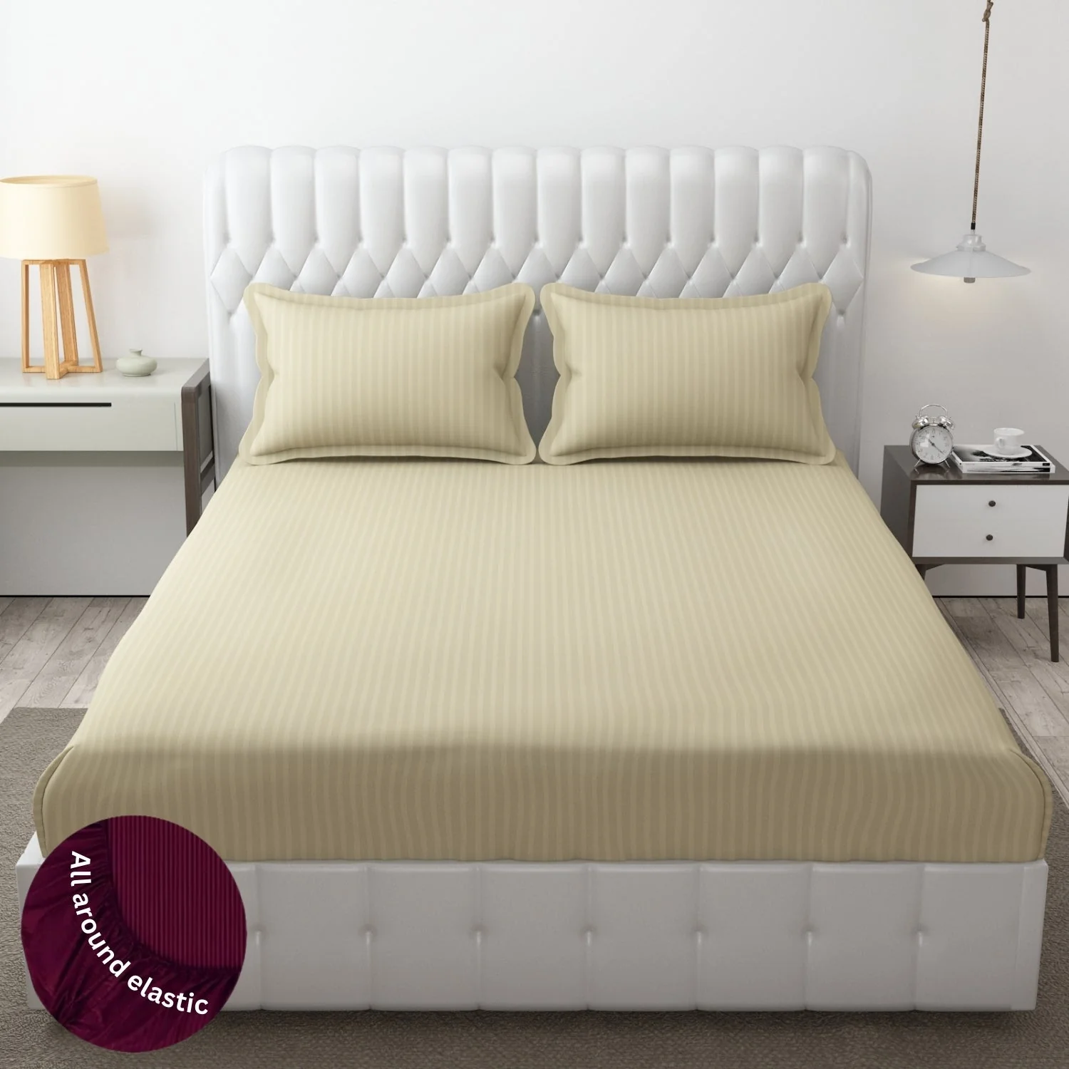 Homecrown Cotton Feel Striped Elastic Fitted Double Bedsheet with 2 Pillow Covers – 72x78 Inch – Beige