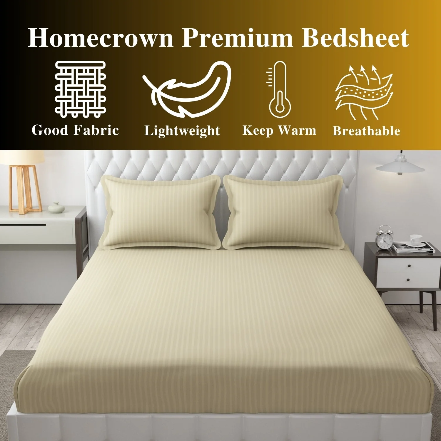 Homecrown Cotton Feel Striped Elastic Fitted Double Bedsheet with 2 Pillow Covers – 72x78 Inch – Beige - Image 3