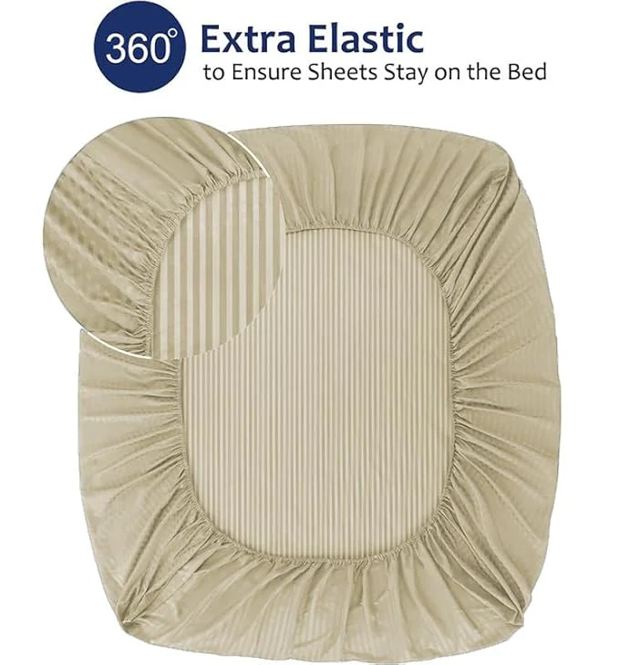 Homecrown Cotton Feel Striped Elastic Fitted Double Bedsheet with 2 Pillow Covers – 72x78 Inch – Beige - Image 4