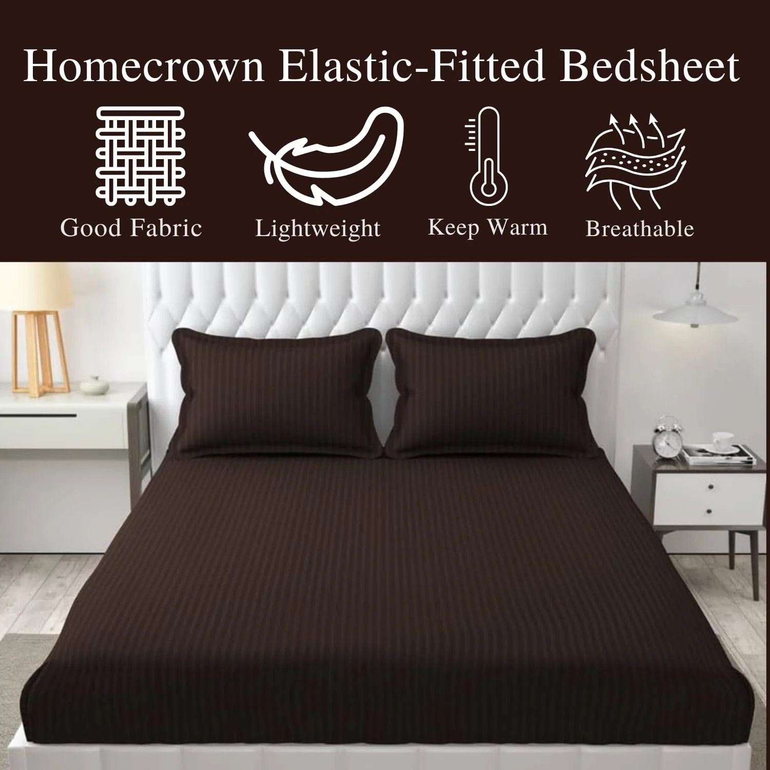 Homecrown Cotton Feel Striped Elastic Fitted Double Bedsheet with 2 Pillow Covers – 72x78 Inch – Brown - Image 2