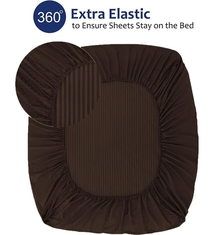 Homecrown Cotton Feel Striped Elastic Fitted Double Bedsheet with 2 Pillow Covers – 72x78 Inch – Brown - Image 4