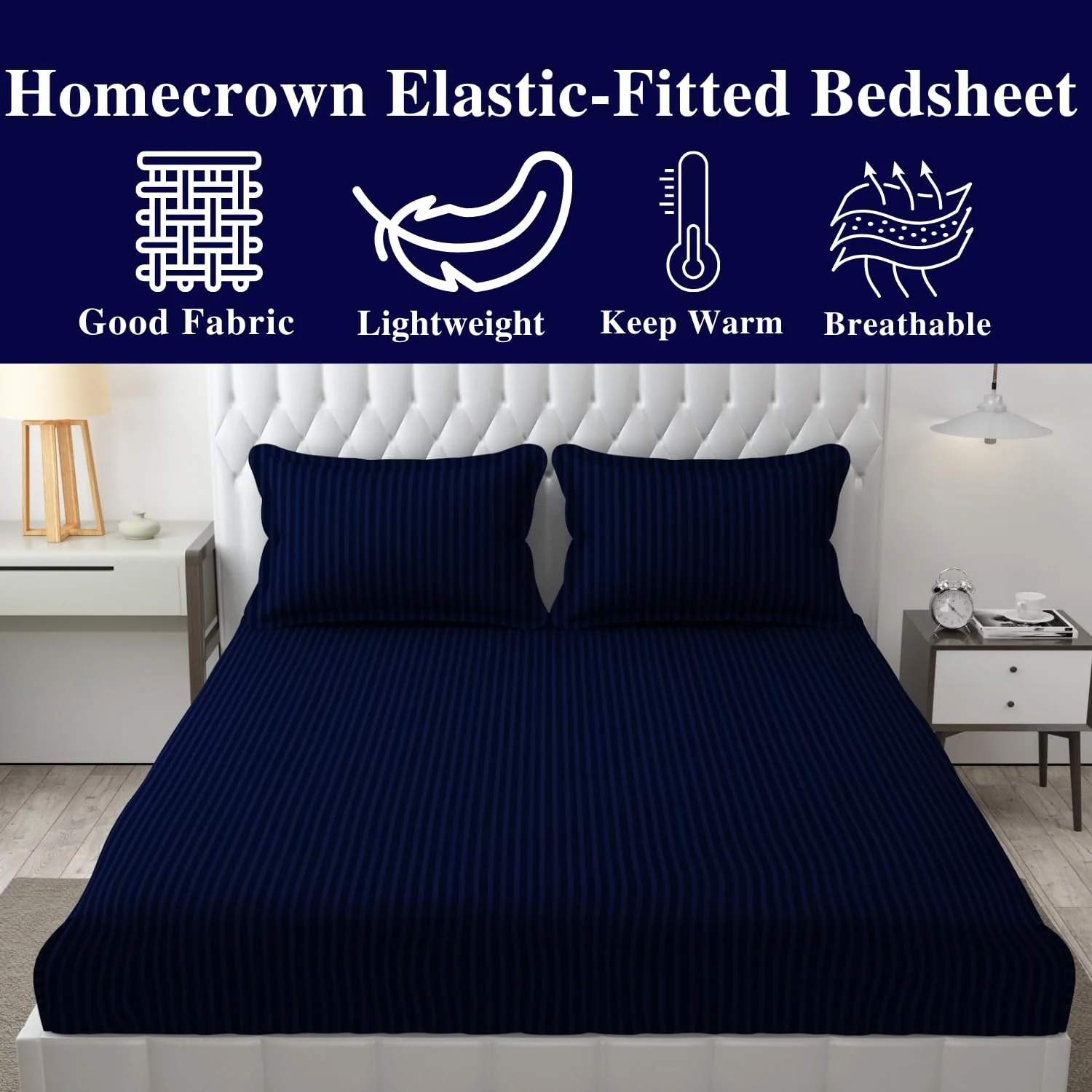 Homecrown Cotton Feel Striped Elastic Fitted Double Bedsheet with 2 Pillow Covers – 72x78 Inch – Dark Blue - Image 4