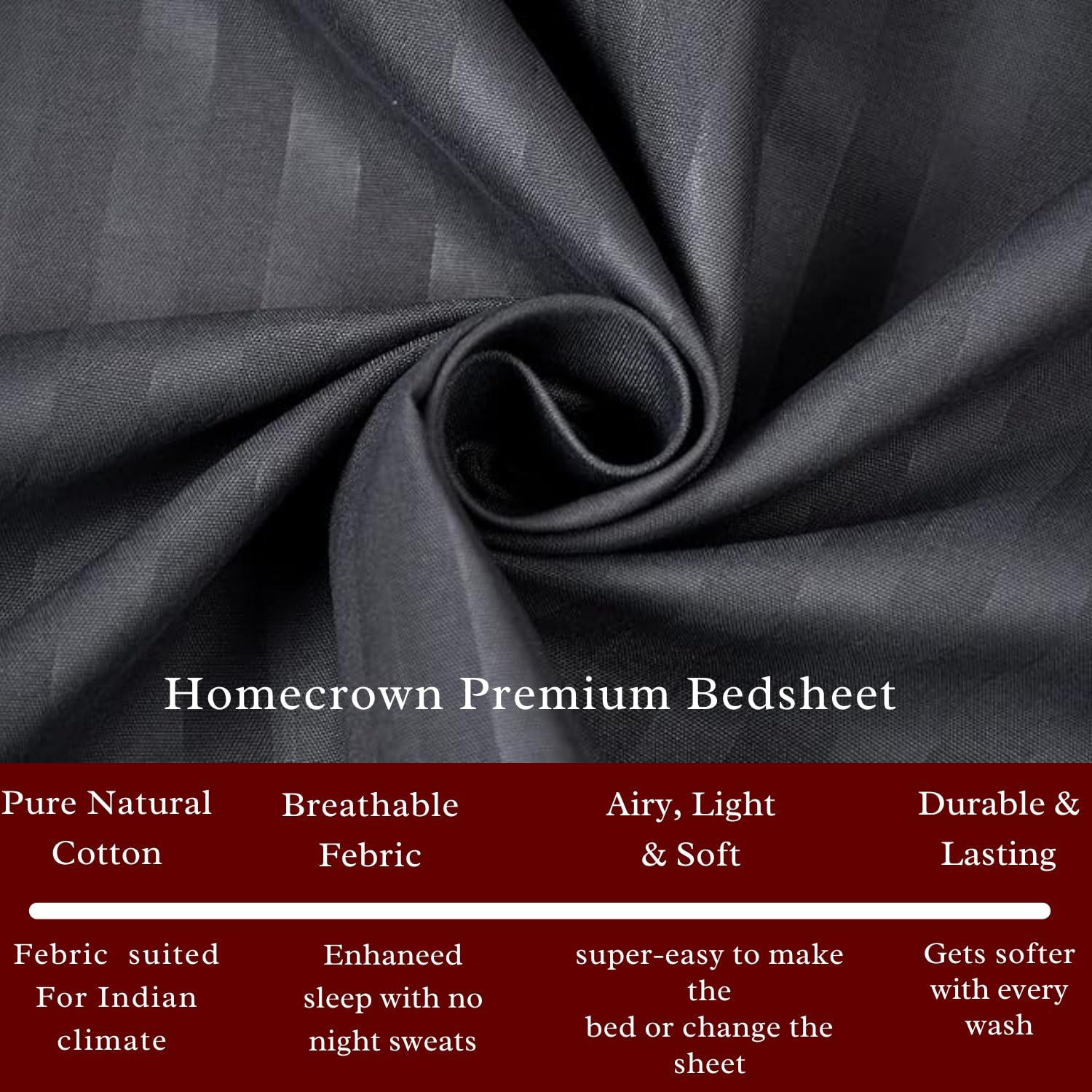 Homecrown Cotton Feel Striped Elastic Fitted Double Bedsheet with 2 Pillow Covers – 72x78 Inch – Dark Grey - Image 2