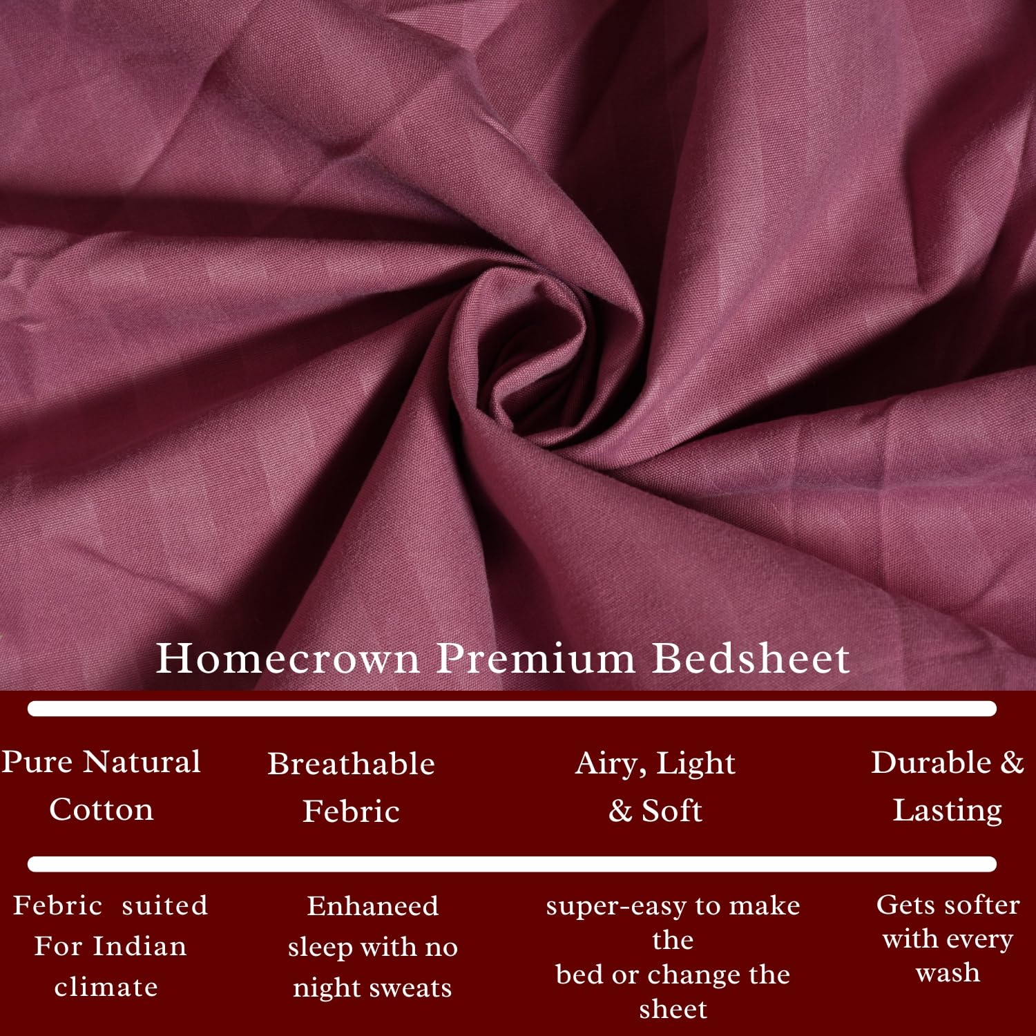 Homecrown Cotton Feel Striped Elastic Fitted Double Bedsheet with 2 Pillow Covers – 72x78 Inch – Dark Pink - Image 2