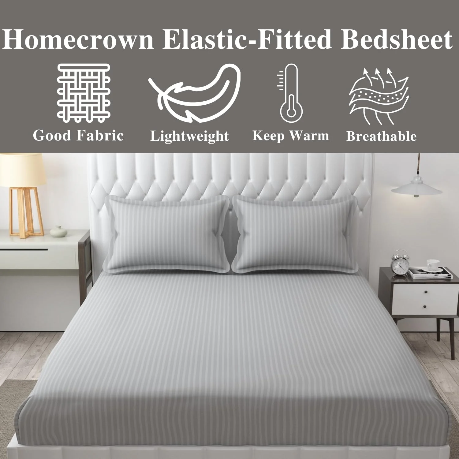 Homecrown Cotton Feel Striped Elastic Fitted Double Bedsheet with 2 Pillow Covers – 72x78 Inch – Light Grey - Image 2