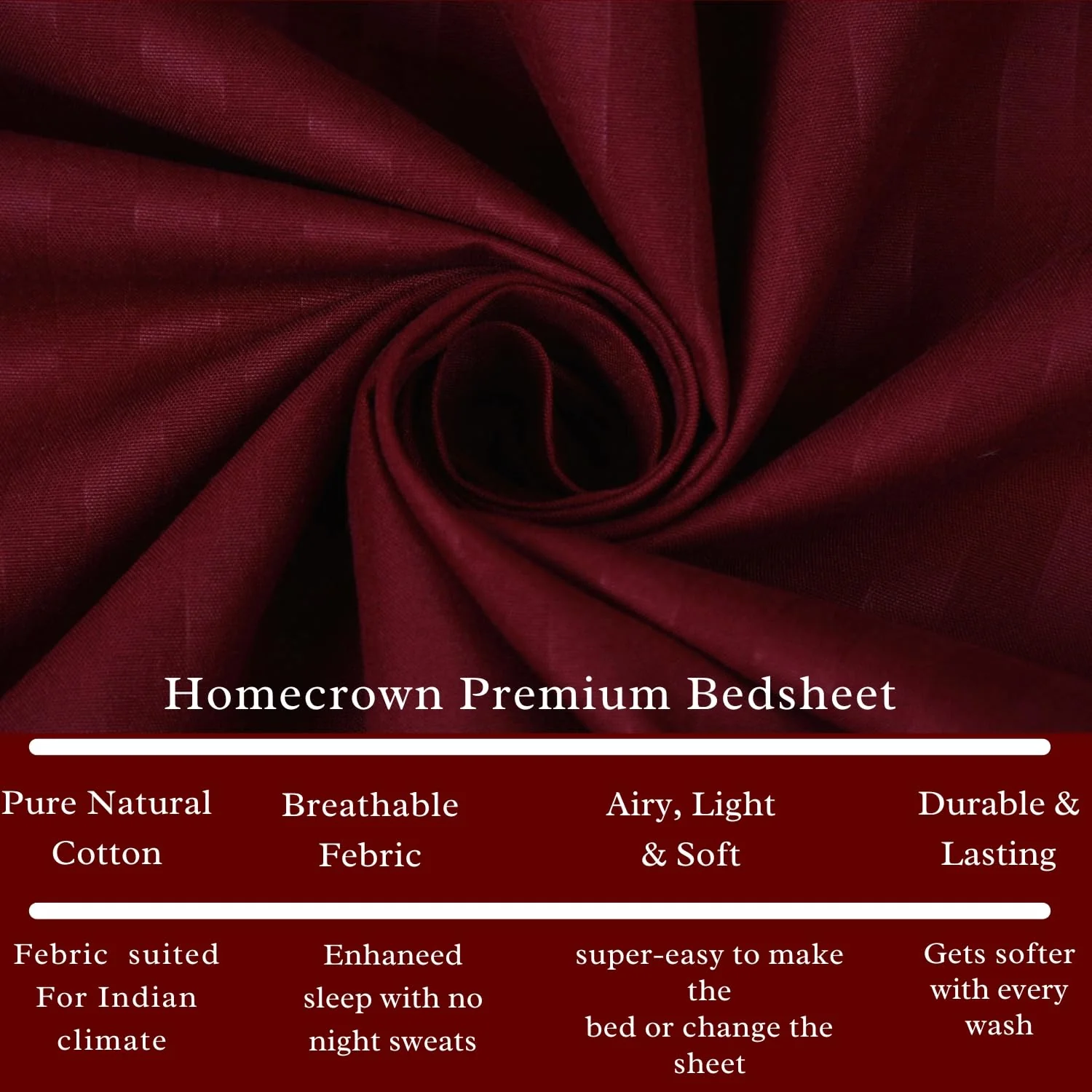 Homecrown Cotton Feel Striped Elastic Fitted Double Bedsheet with 2 Pillow Covers – 72x78 Inch – Maroon - Image 3