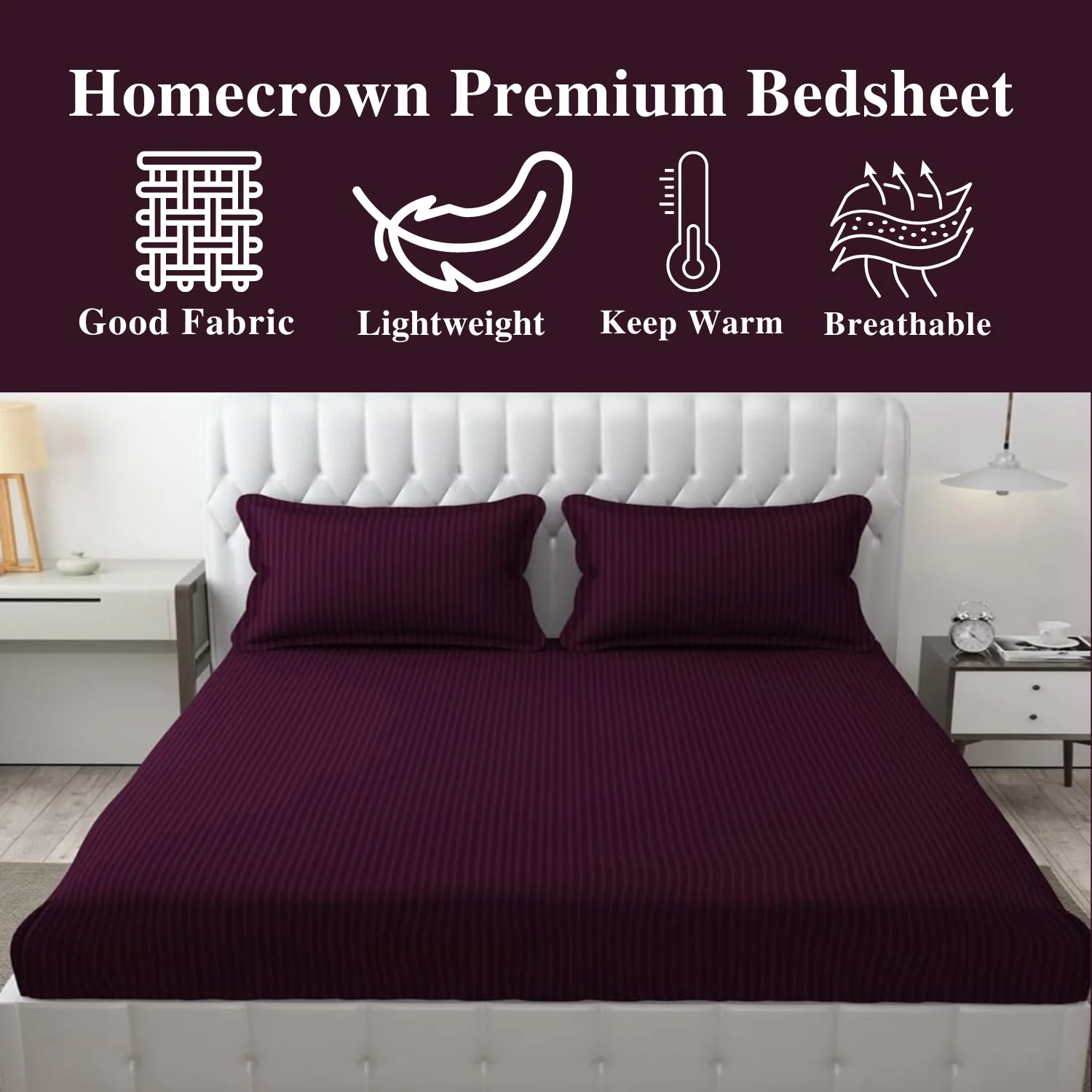 Homecrown Cotton Feel Striped Elastic Fitted Double Bedsheet with 2 Pillow Covers – 72x78 Inch – Wine - Image 2
