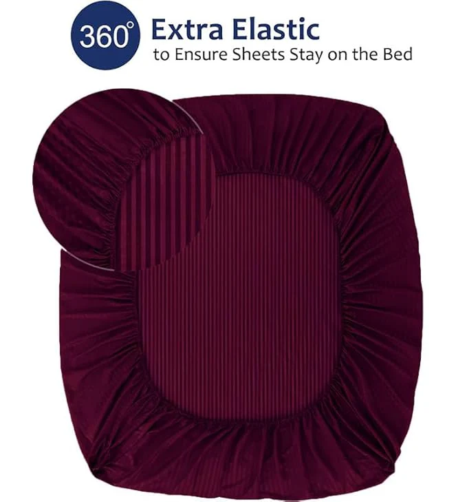 Homecrown Cotton Feel Striped Elastic Fitted Double Bedsheet with 2 Pillow Covers – 72x78 Inch – Wine - Image 3