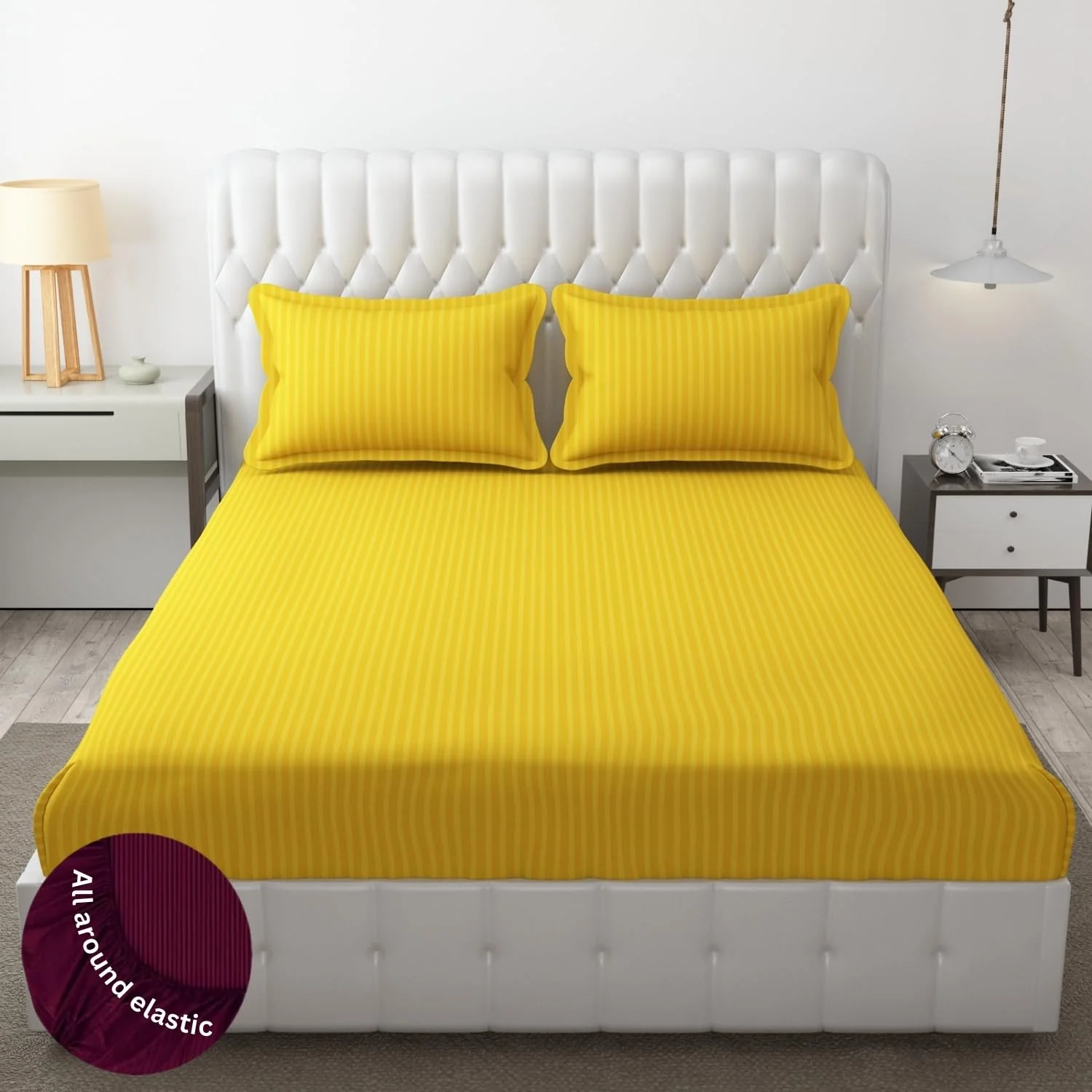 Homecrown Cotton Feel Striped Elastic Fitted Double Bedsheet with 2 Pillow Covers – 72x78 Inch – Yellow