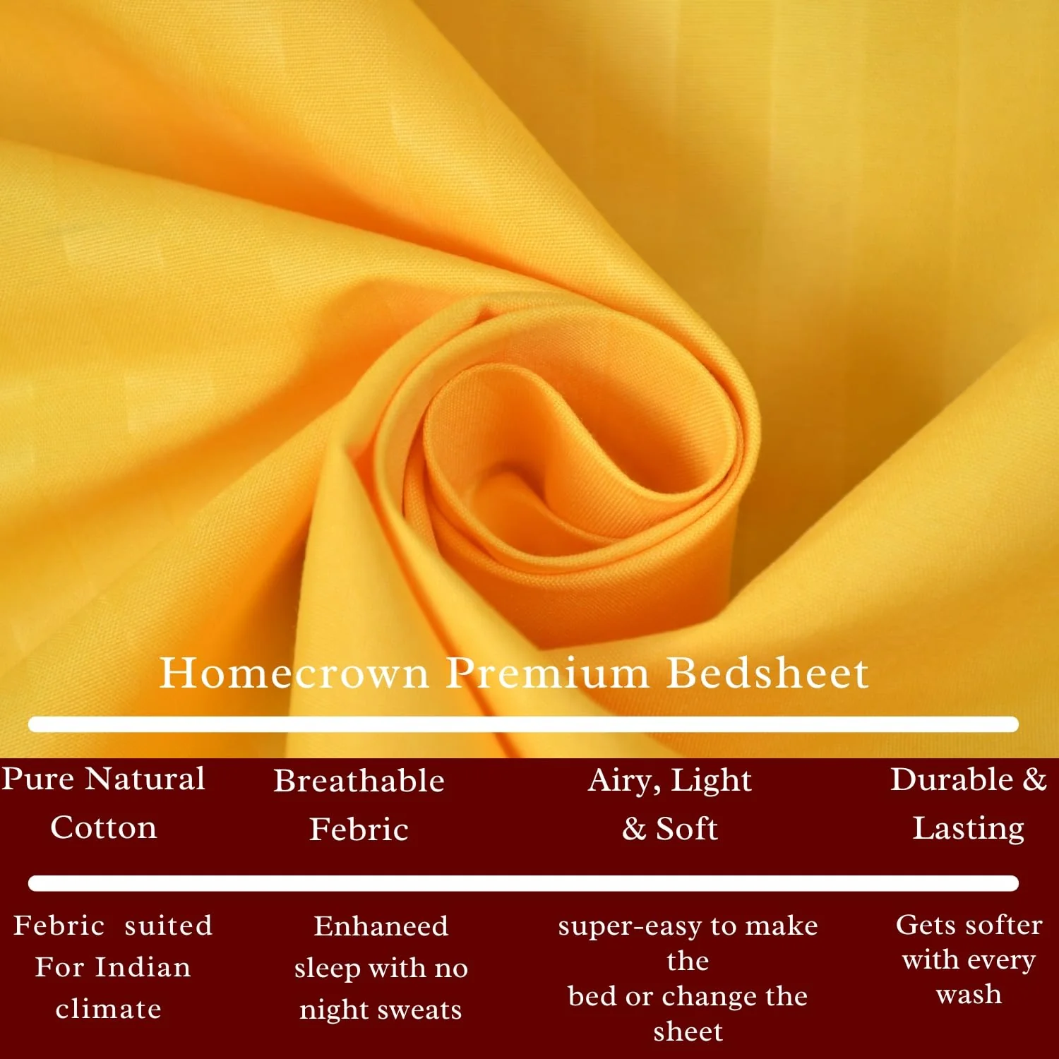 Homecrown Cotton Feel Striped Elastic Fitted Double Bedsheet with 2 Pillow Covers – 72x78 Inch – Yellow - Image 2