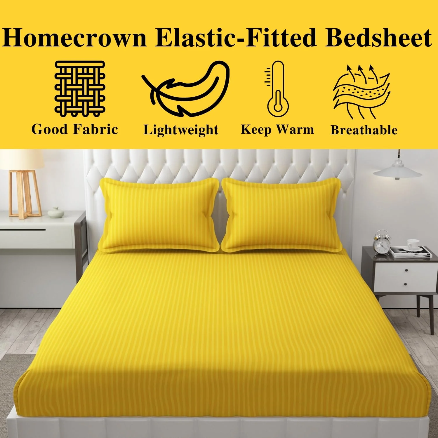 Homecrown Cotton Feel Striped Elastic Fitted Double Bedsheet with 2 Pillow Covers – 72x78 Inch – Yellow - Image 3