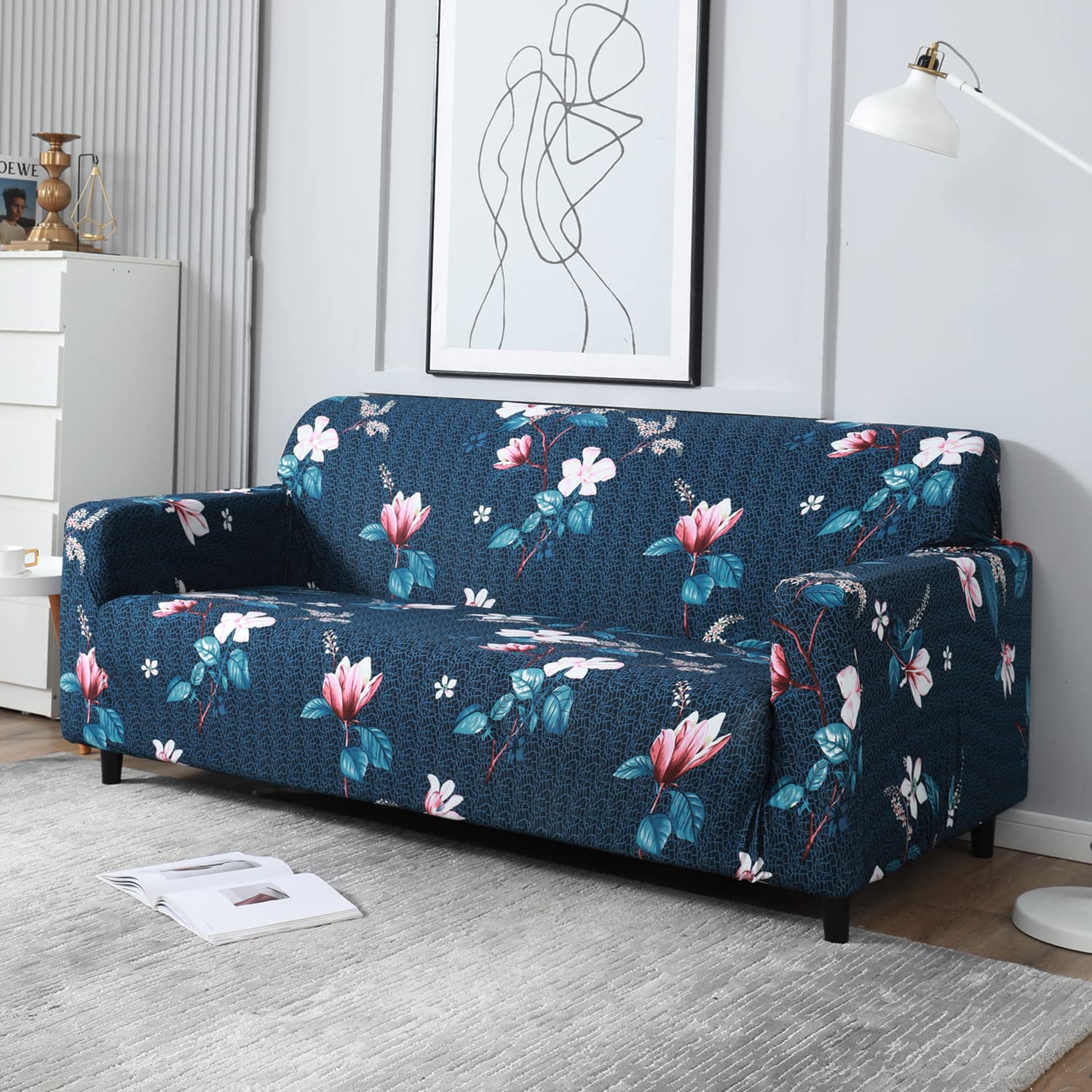 Homecrown Stretchable Fully Covered 5 Seater Sofa Cover Set (3+1+1) – Blue Floral Design, Universal Fit & Non-Slip Protection - Image 2