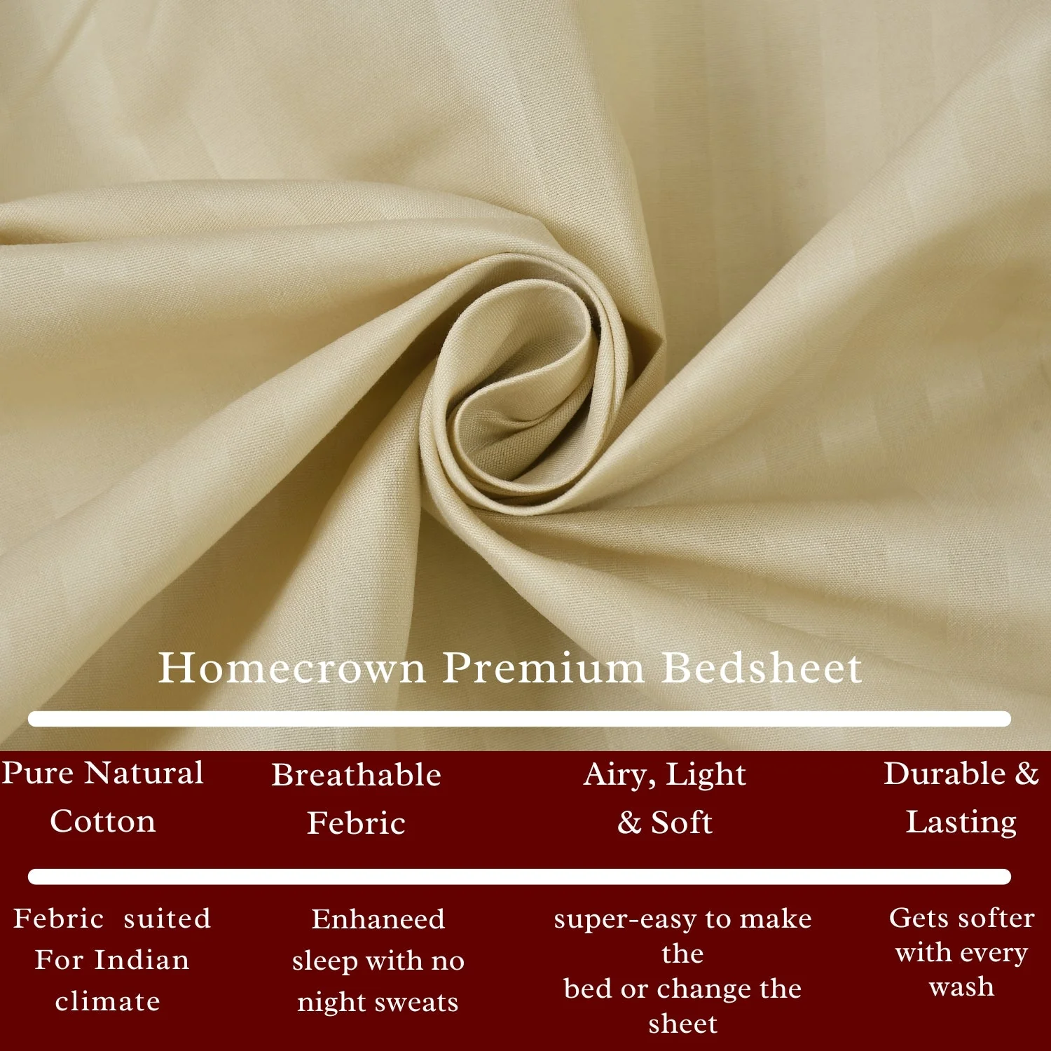 Homecrown Stripe Bedsheet for Single Bed with 1 Matching Pillow Cover – Beige - Image 2