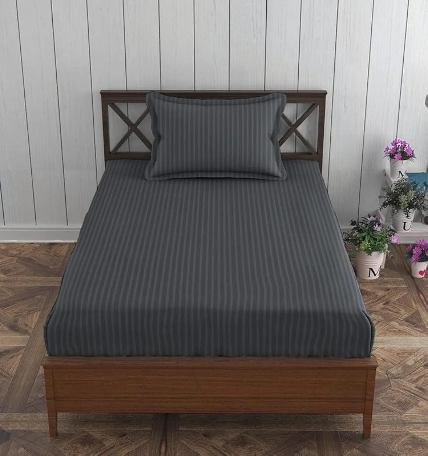 Homecrown Stripe Bedsheet for Single Bed with 1 Matching Pillow Cover – Dark Grey