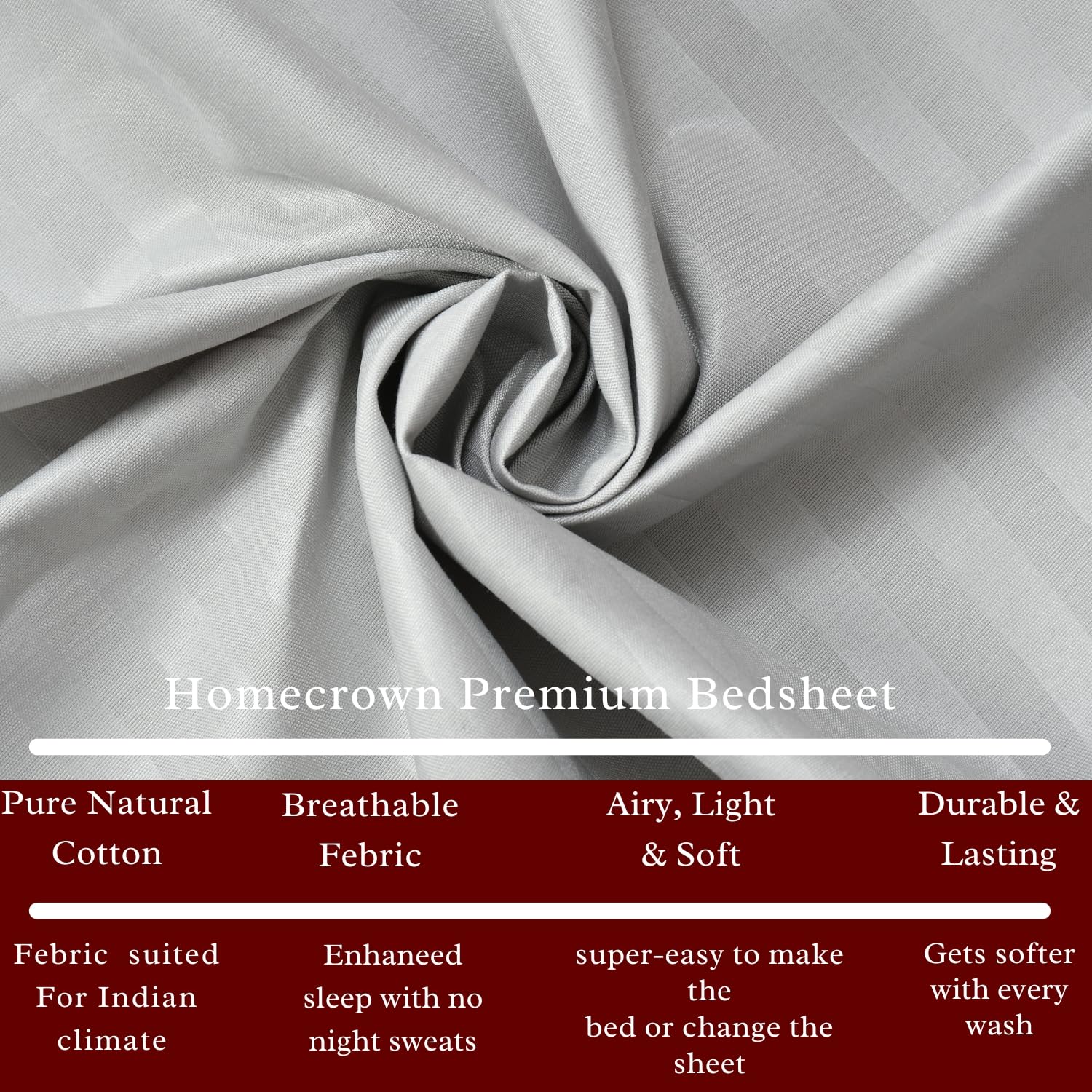 Homecrown Stripe Bedsheet for Single Bed with 1 Matching Pillow Cover – Light Grey - Image 2