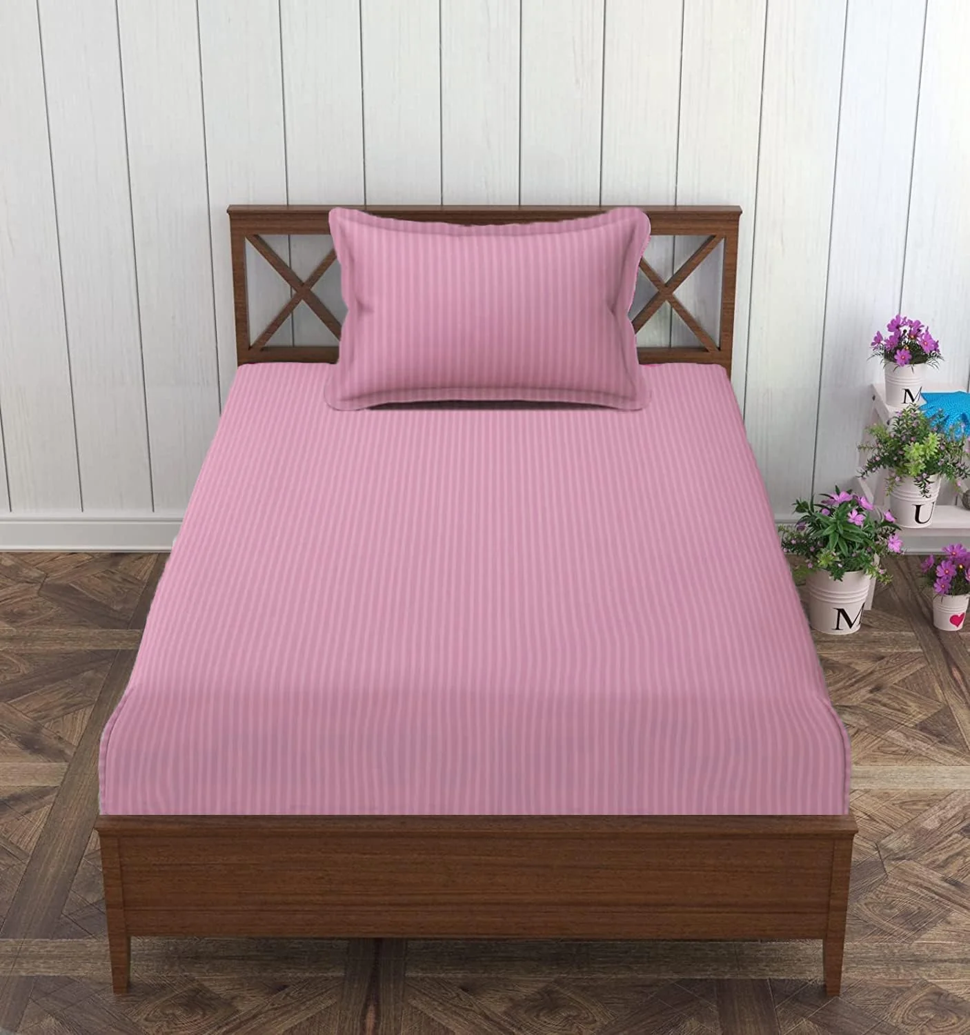 Homecrown Stripe Bedsheet for Single Bed with 1 Matching Pillow Cover – Light Pink
