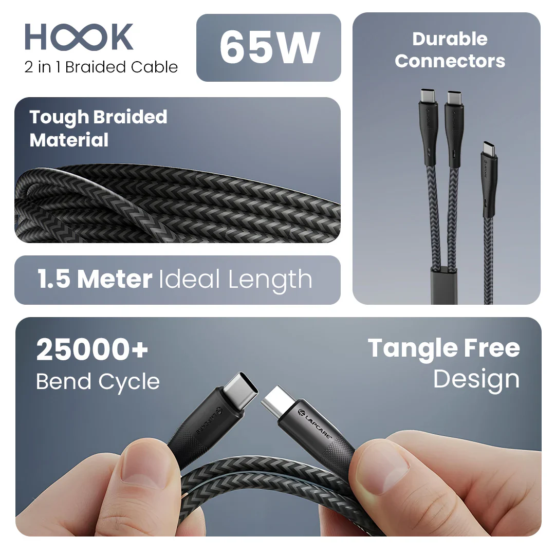 HOOK 2-in-1 Braided USB Type-C Cable With 65W PD Fast Charging (LOX-091) - Image 6