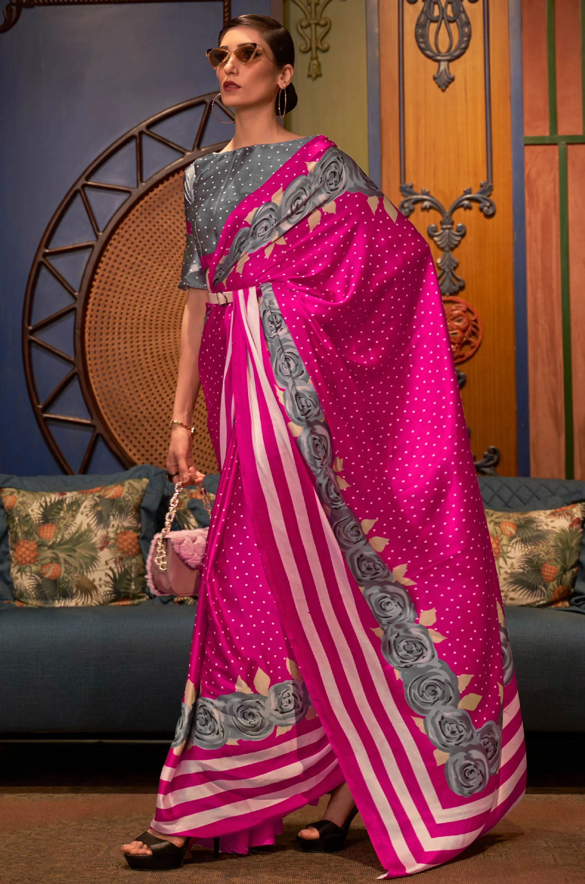 Hot Pink Satin Crepe Saree
