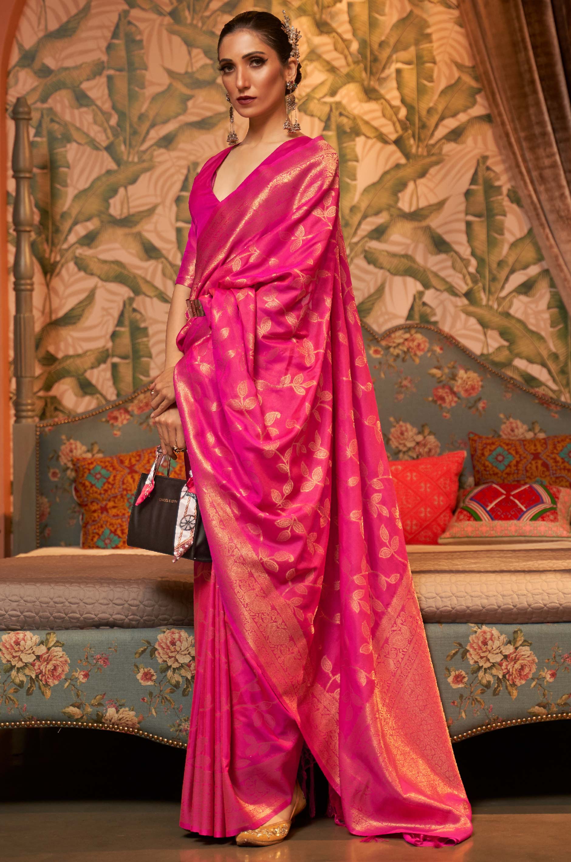 Hot Pink Woven Silk Saree