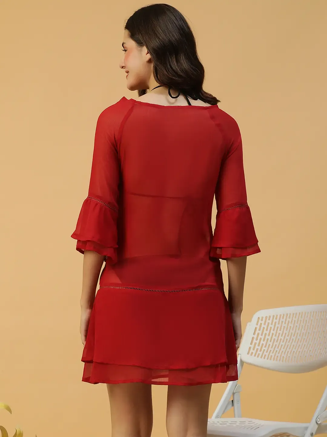 Hot Red Bell Sleeve Beachwear Dress for Women - Image 6