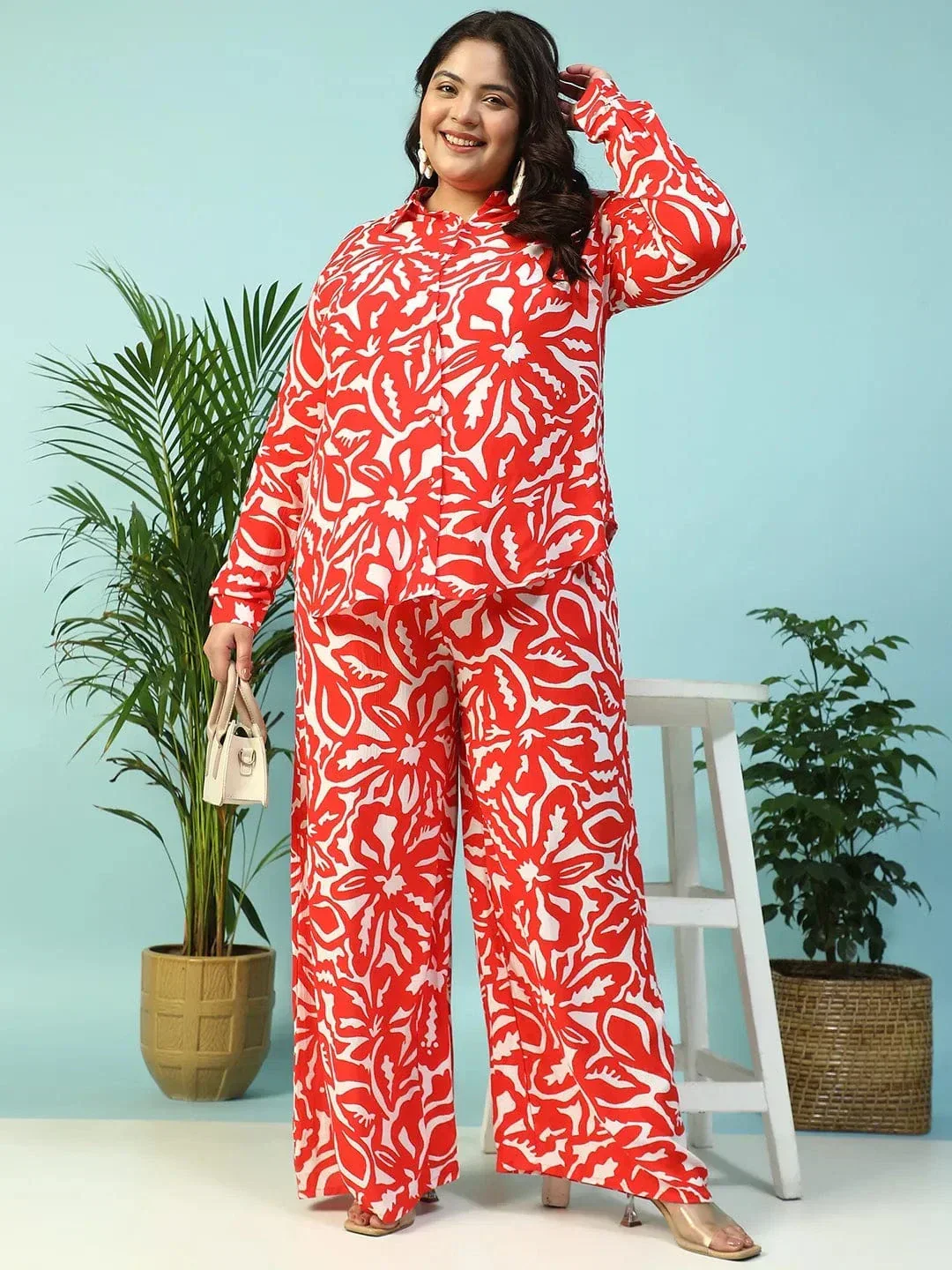 Hot Red Floral Print Collared Long Sleeve Button Down Plus Size Women Shirt - Image 7