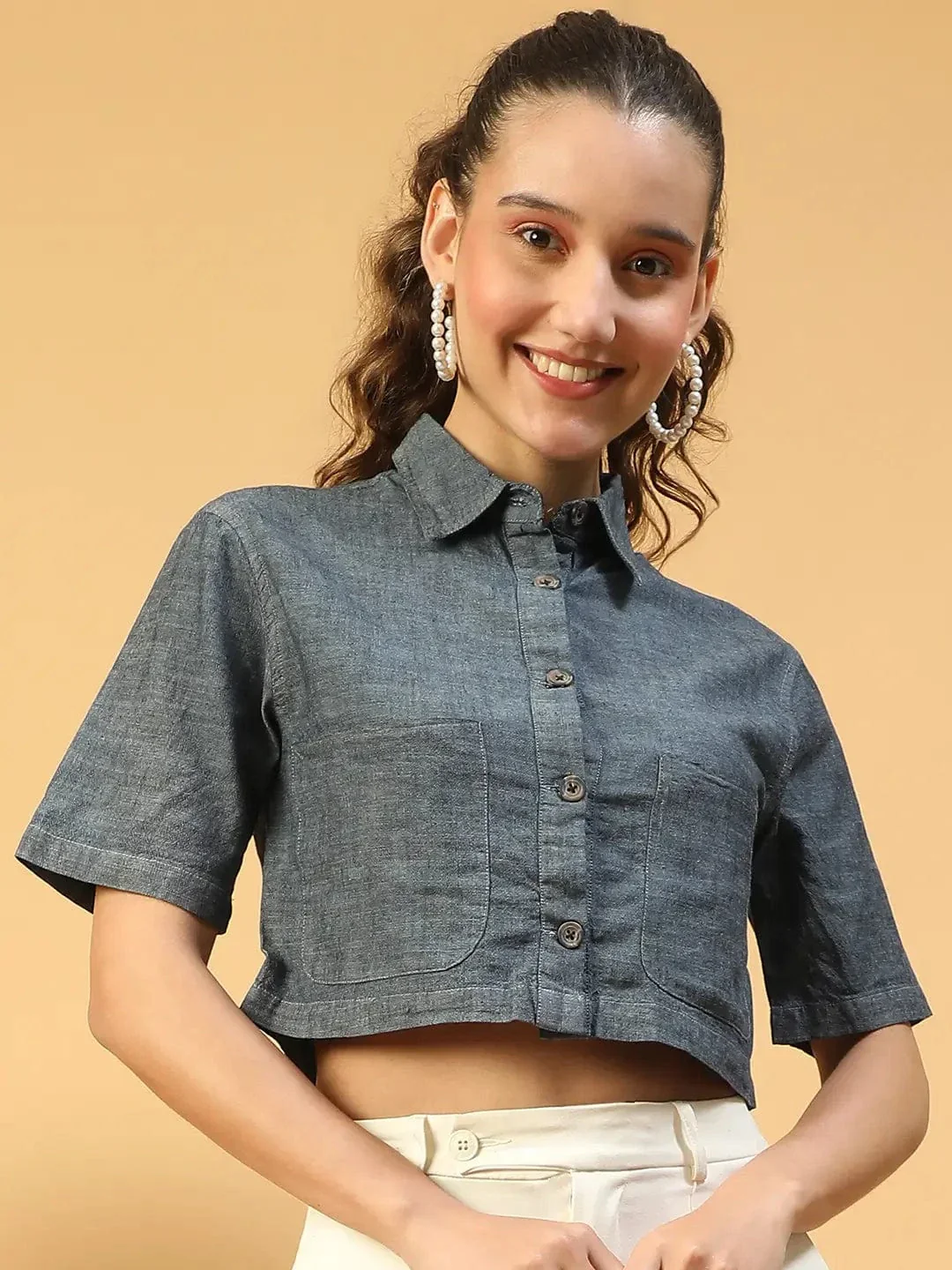 Huate Blue Collared Button Down Short Sleeve Women Cotton Denim Crop Shirt - Image 2