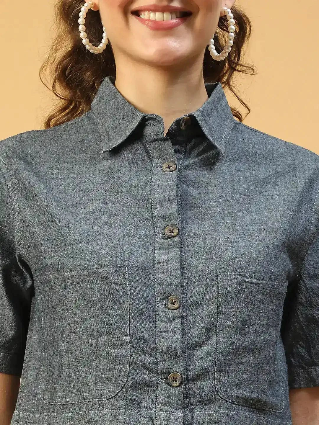 Huate Blue Collared Button Down Short Sleeve Women Cotton Denim Crop Shirt - Image 7