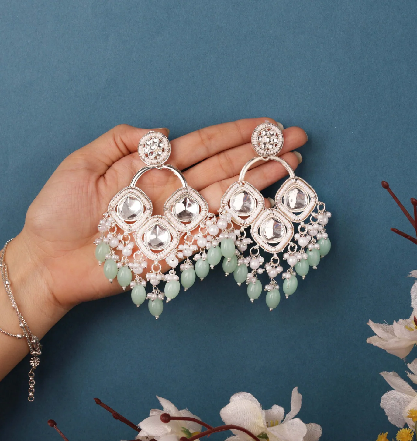 Hunar - White Gold Plated Earrings - Sea Green
