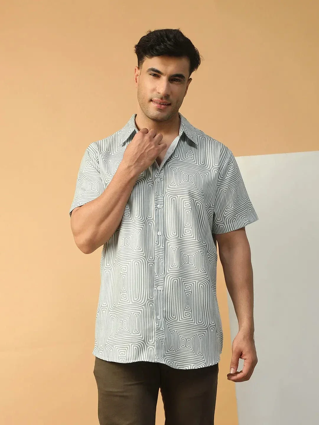 Hunk Light Green Geometric Print Collared Short Sleeve Men Oversized Shirt
