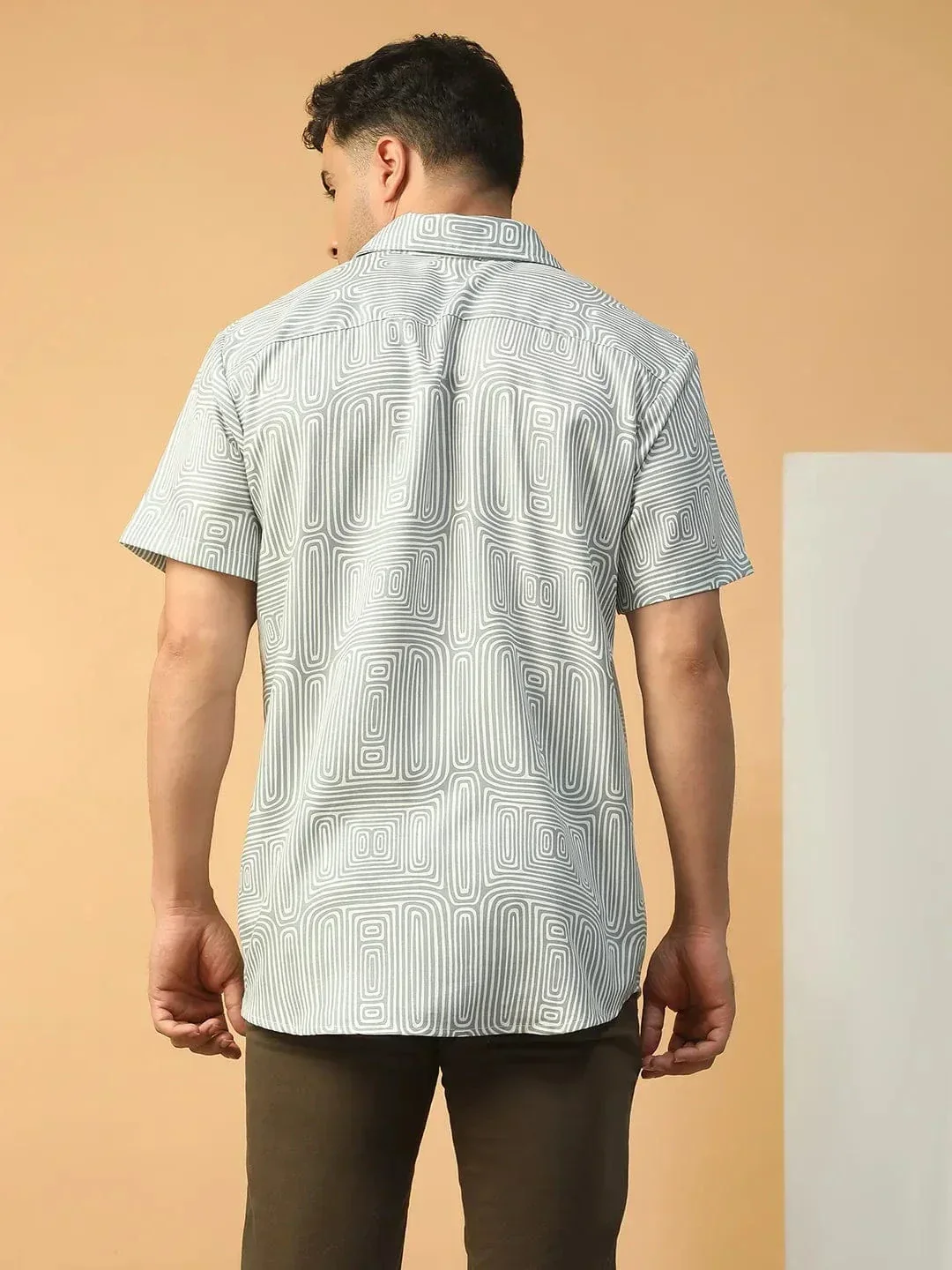 Hunk Light Green Geometric Print Collared Short Sleeve Men Oversized Shirt - Image 6