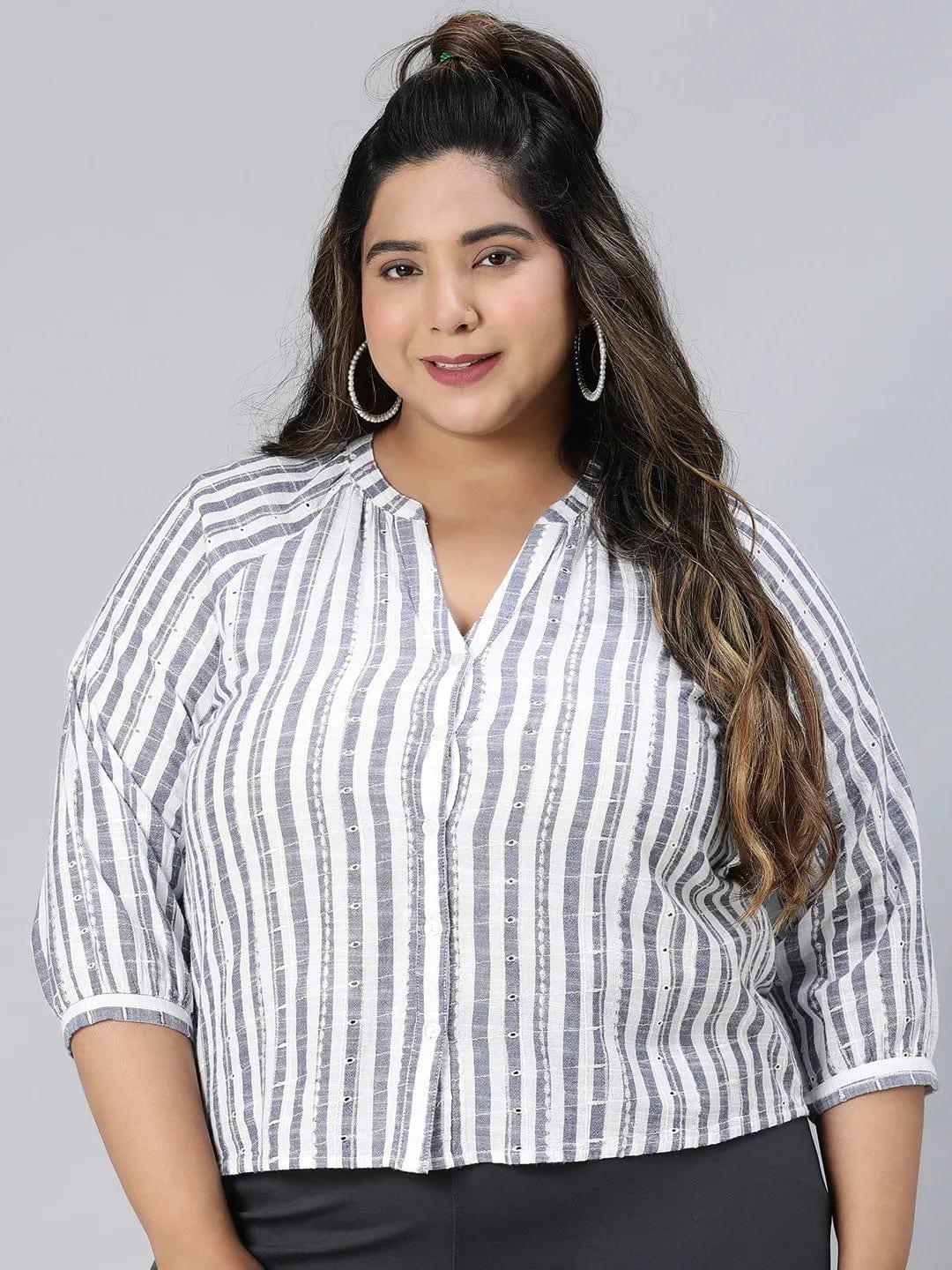 Iconic Blue Stripe Print Plus Size Cotton Loopy Top